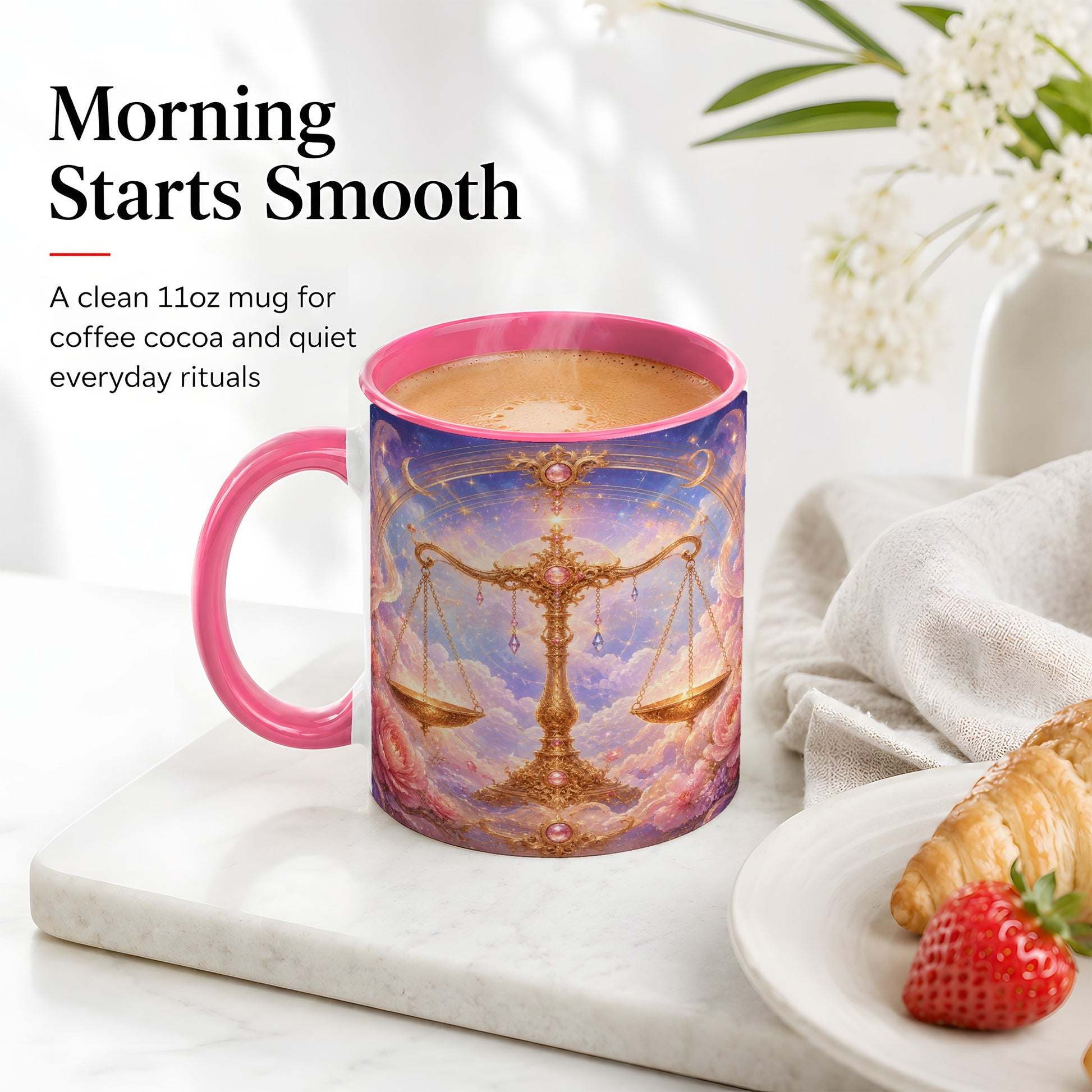 #pl[11oz|Pink] Libra Zodiac Ceramic Mug, Celestial Floral Balance Scales
