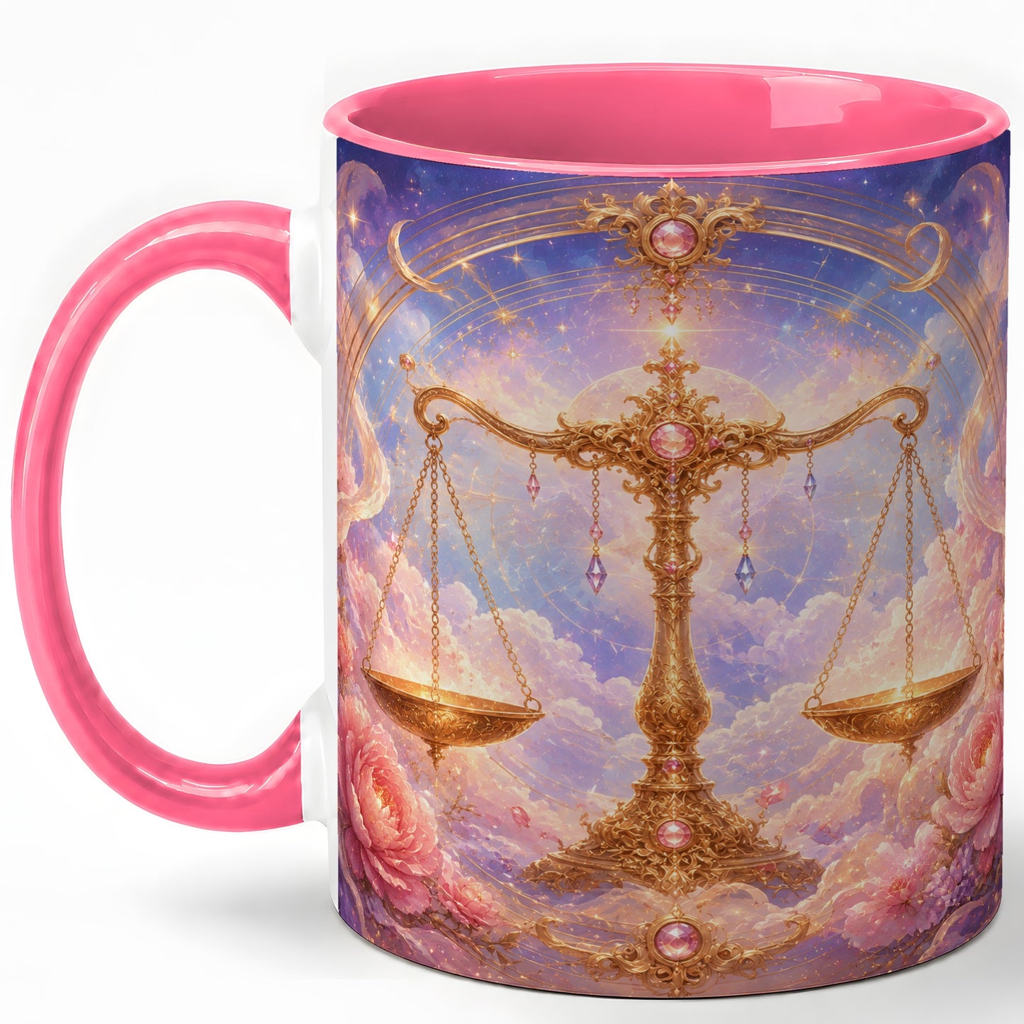 #pl[11oz|Pink] Libra Zodiac Ceramic Mug, Celestial Floral Balance Scales