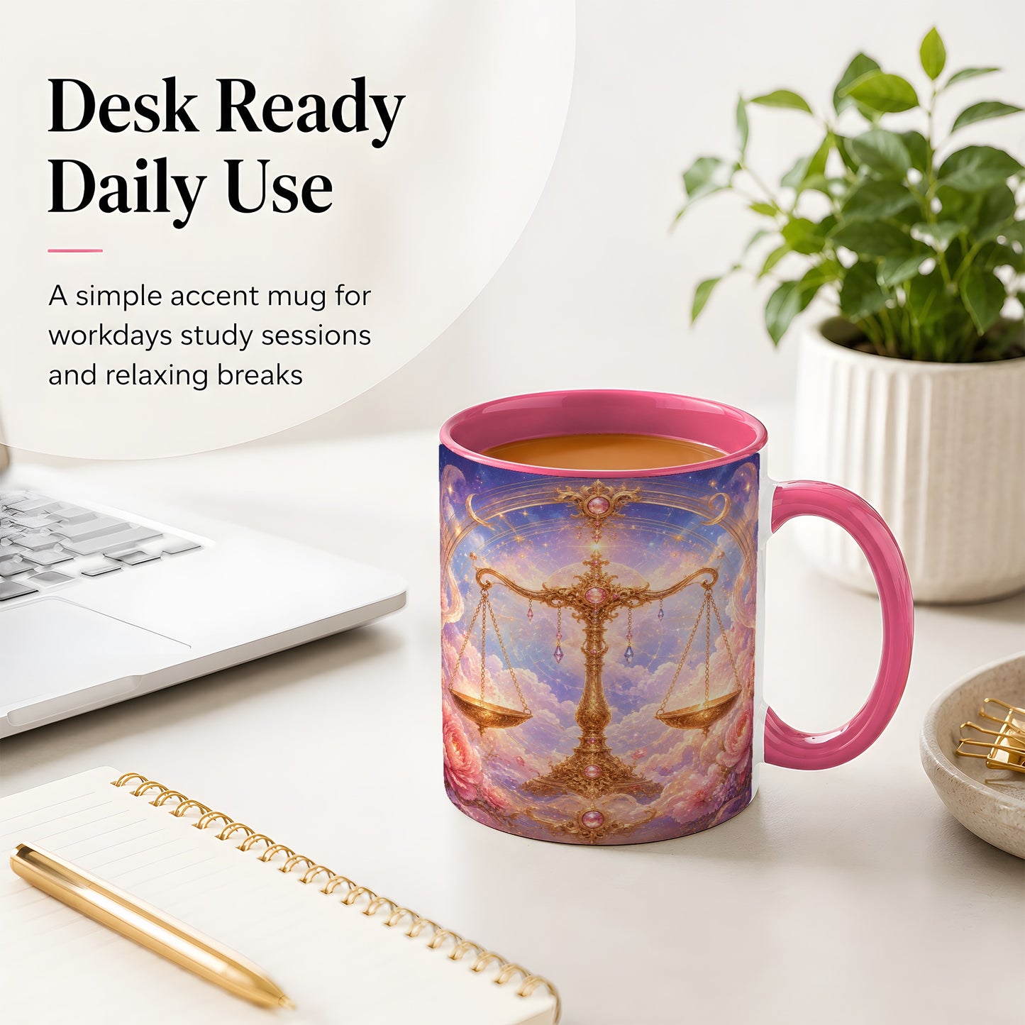 #pl[11oz|Pink] Libra Zodiac Ceramic Mug, Celestial Floral Balance Scales