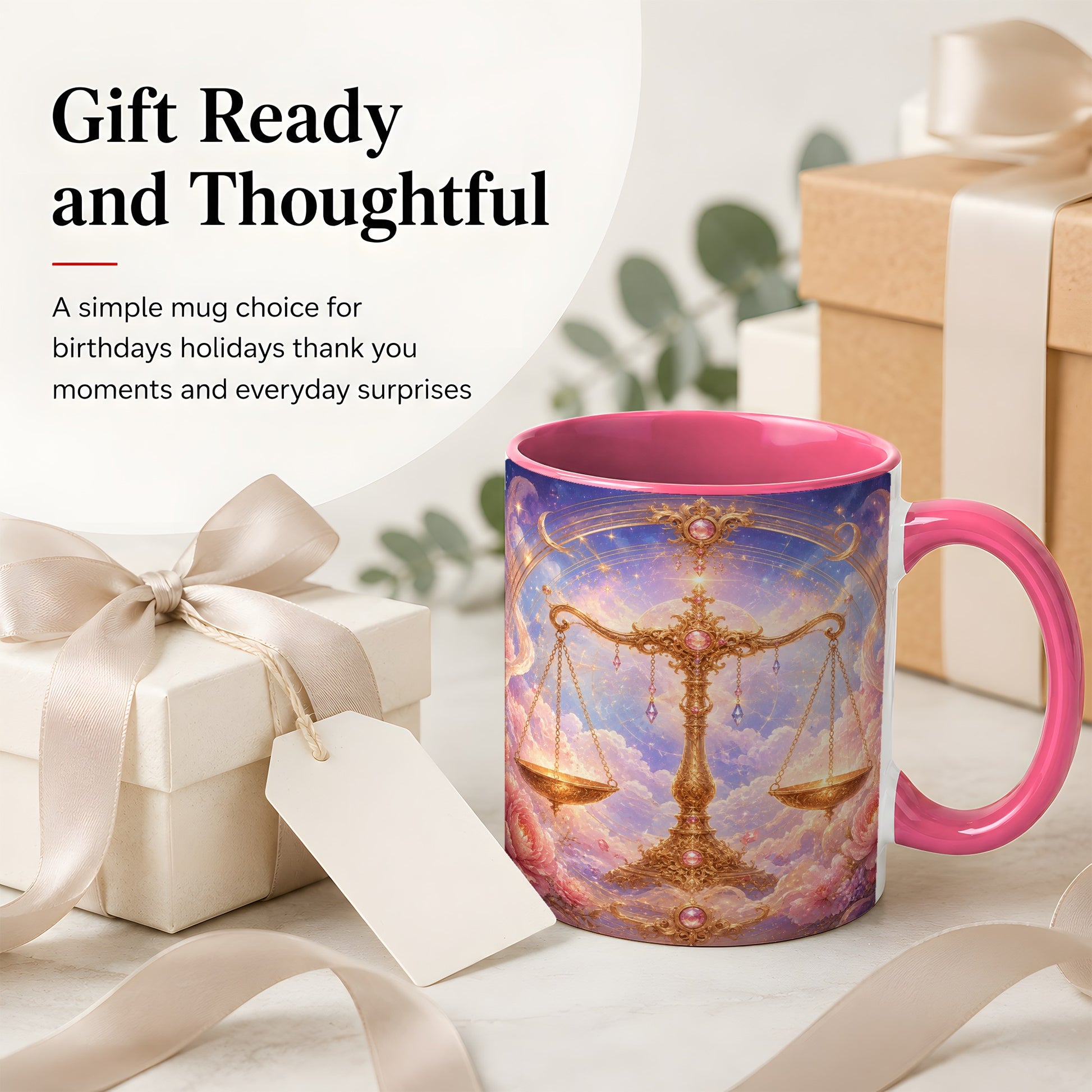 #pl[11oz|Pink] Libra Zodiac Ceramic Mug, Celestial Floral Balance Scales