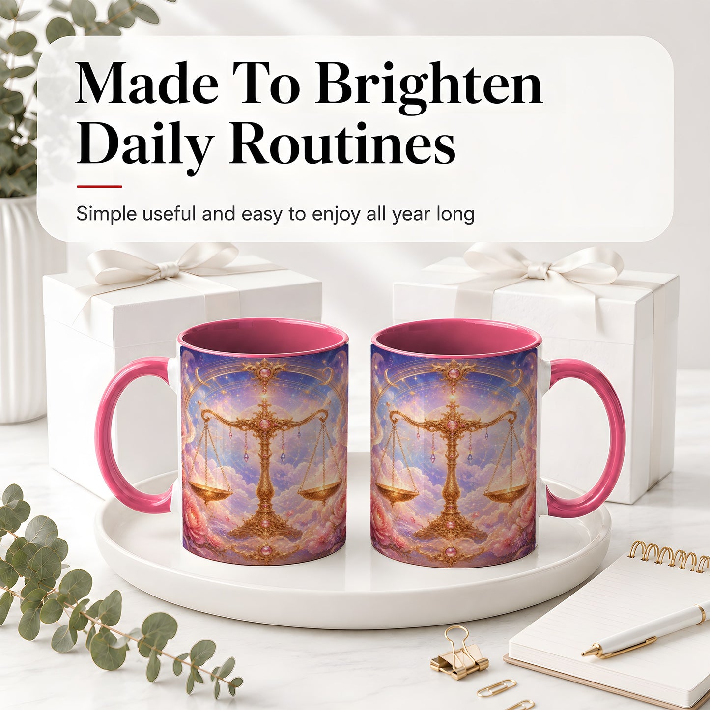 #pl[11oz|Pink] Libra Zodiac Ceramic Mug, Celestial Floral Balance Scales