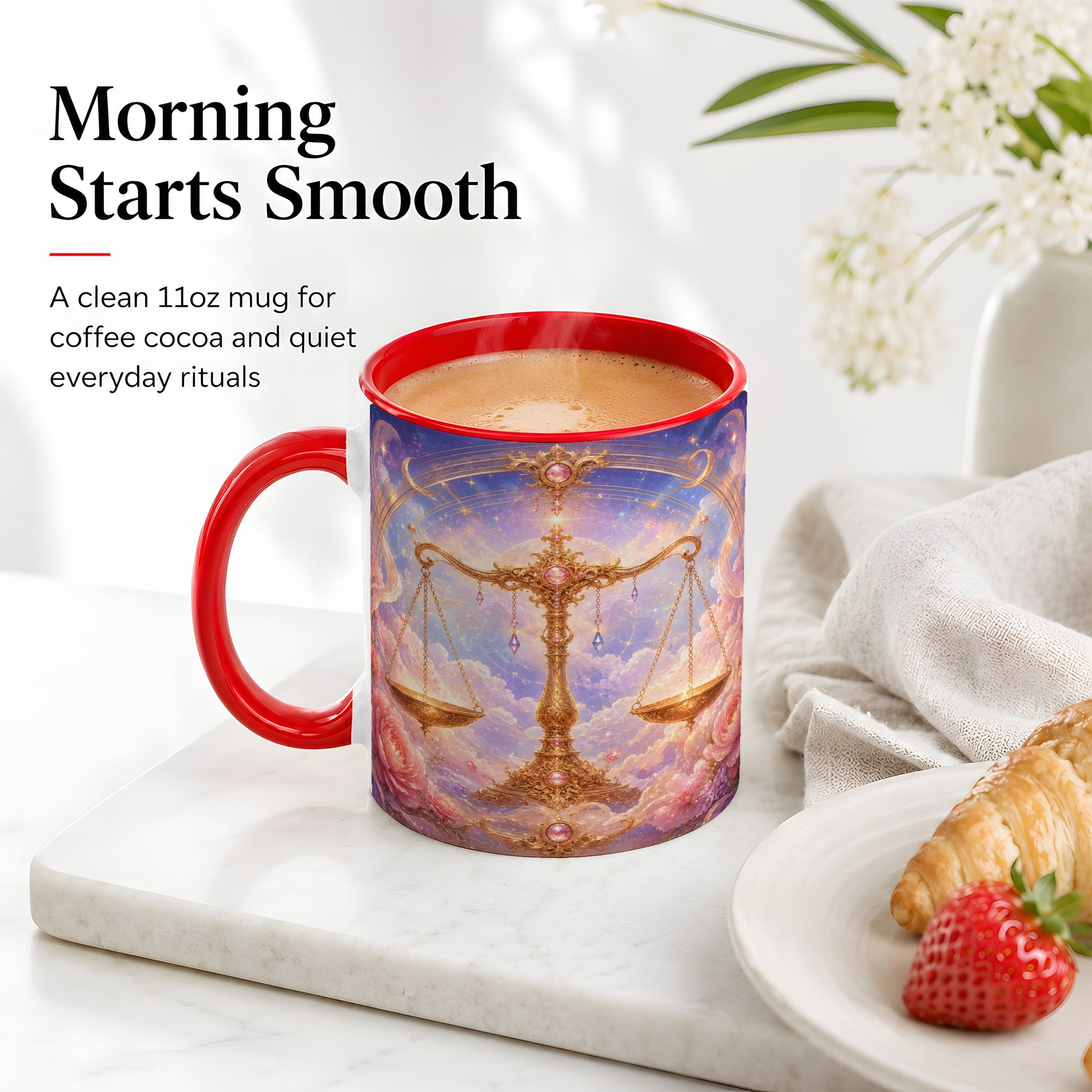 #pl[11oz|Red] Libra Zodiac Ceramic Mug, Celestial Floral Balance Scales