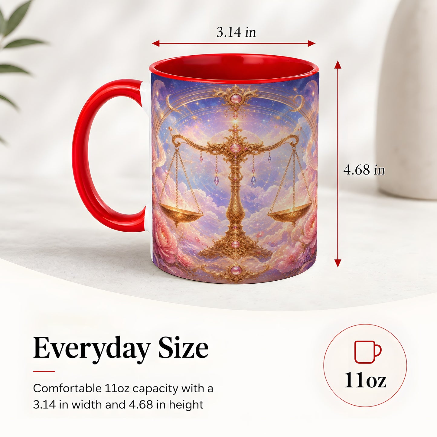 #pl[11oz|Red] Libra Zodiac Ceramic Mug, Celestial Floral Balance Scales