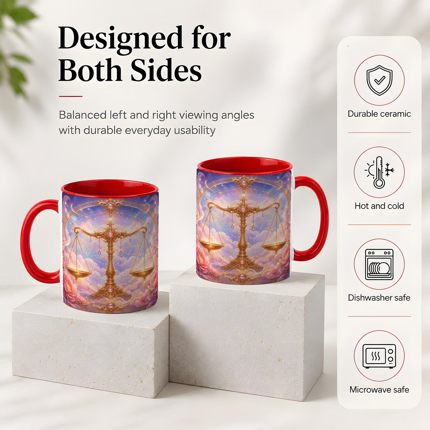 #pl[11oz|Red] Libra Zodiac Ceramic Mug, Celestial Floral Balance Scales