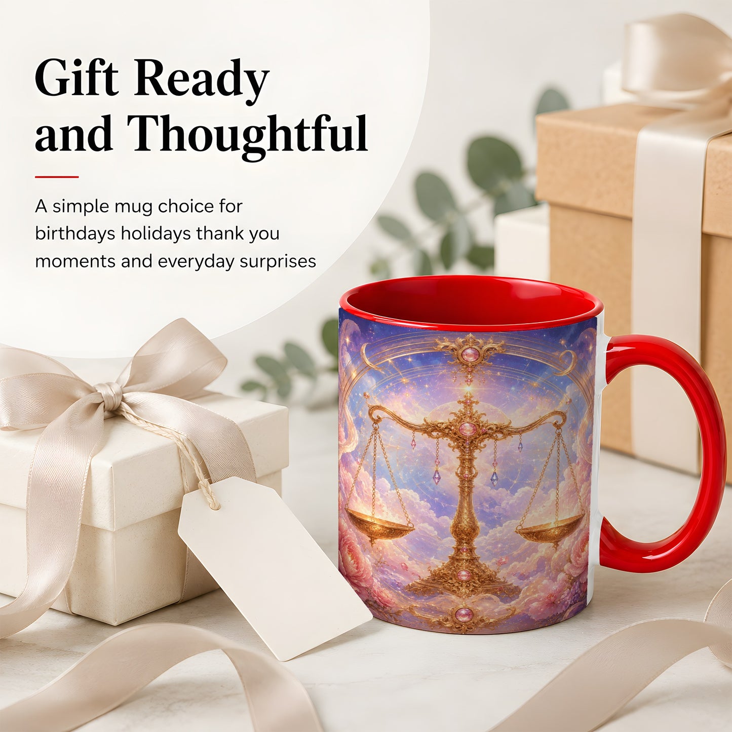 #pl[11oz|Red] Libra Zodiac Ceramic Mug, Celestial Floral Balance Scales