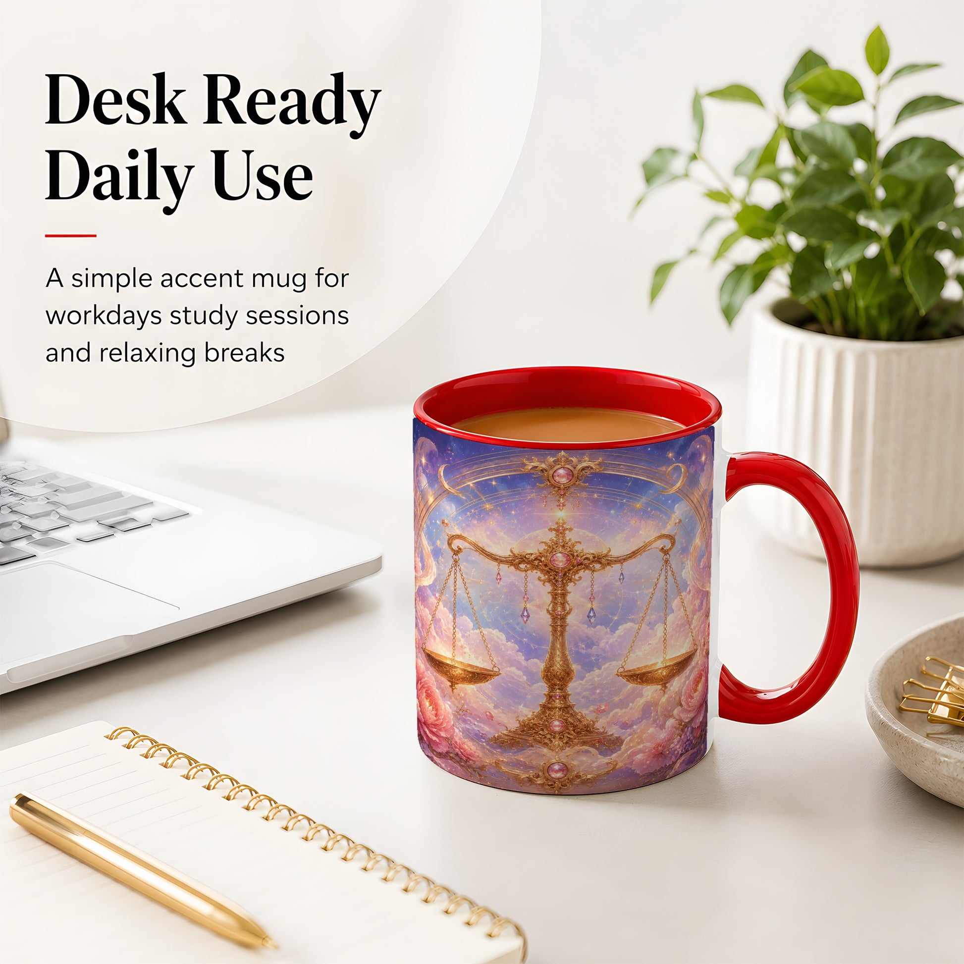 #pl[11oz|Red] Libra Zodiac Ceramic Mug, Celestial Floral Balance Scales