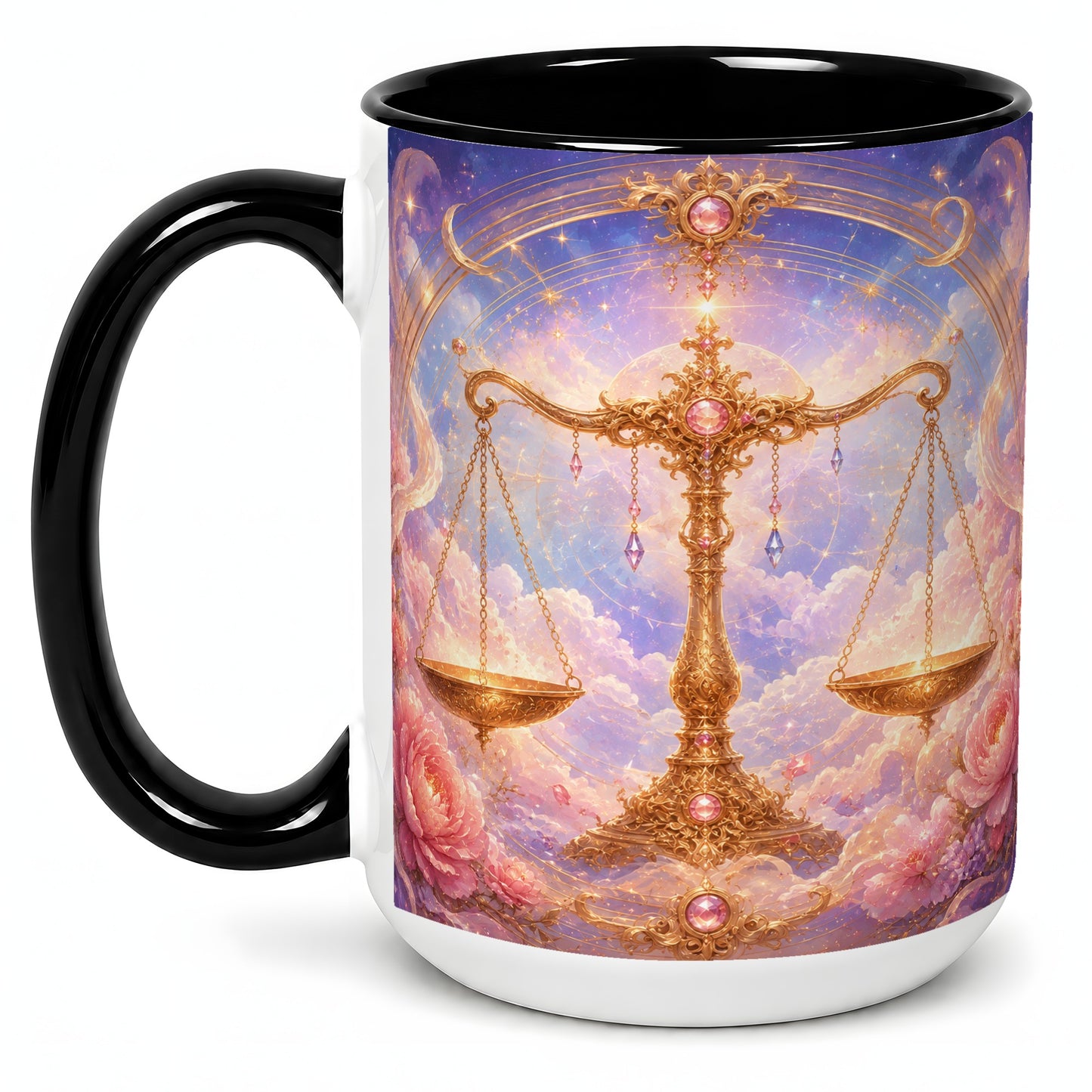 #pl[15oz|Black] Libra Zodiac Ceramic Mug, Celestial Floral Balance Scales