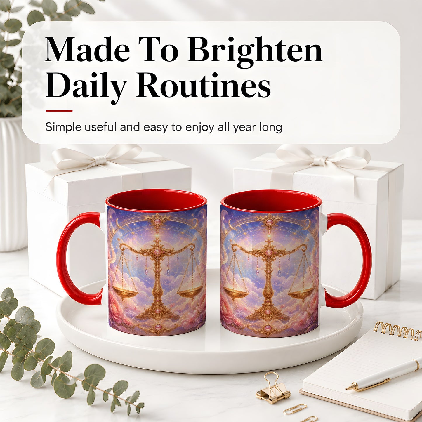 #pl[11oz|Red] Libra Zodiac Ceramic Mug, Celestial Floral Balance Scales