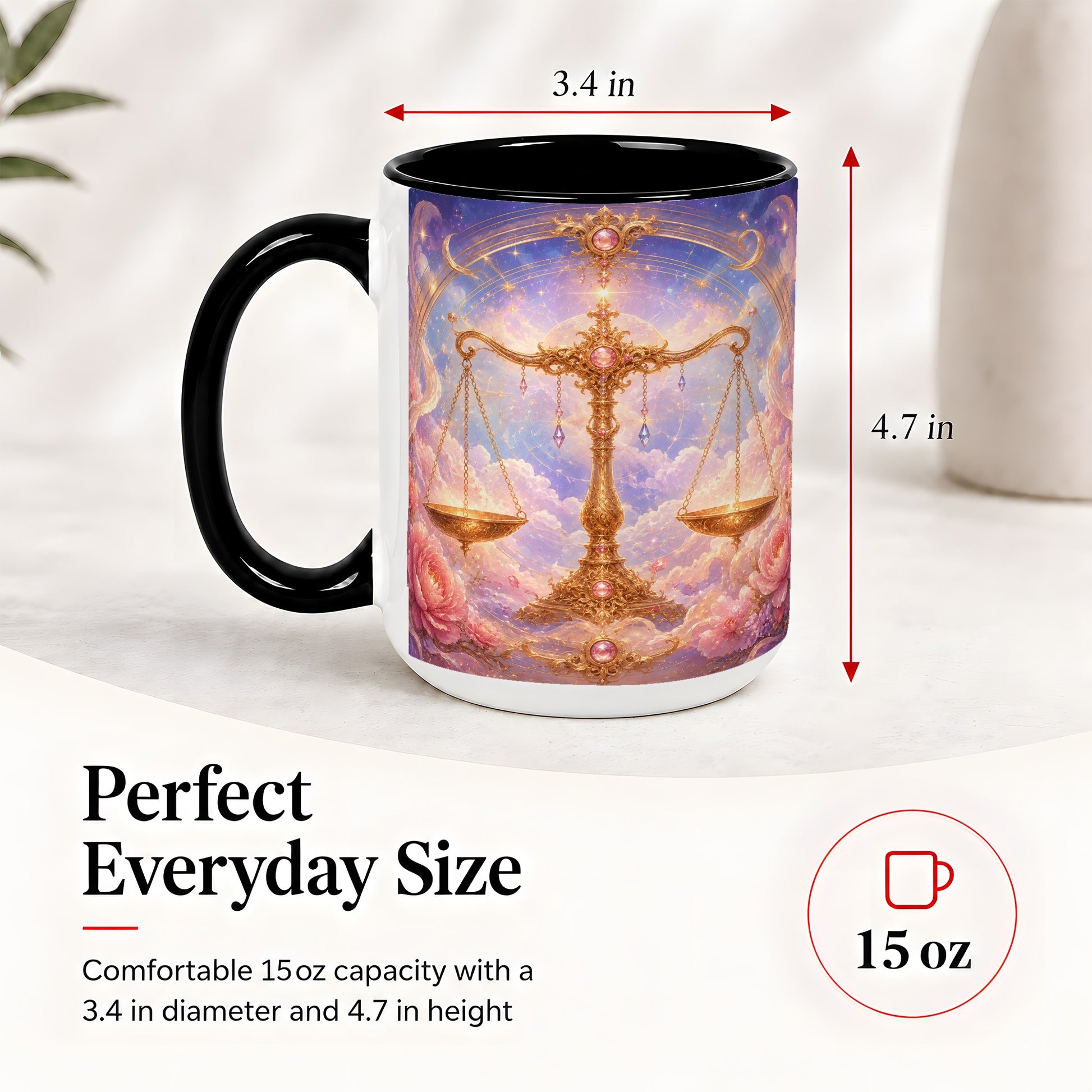#pl[15oz|Black] Libra Zodiac Ceramic Mug, Celestial Floral Balance Scales