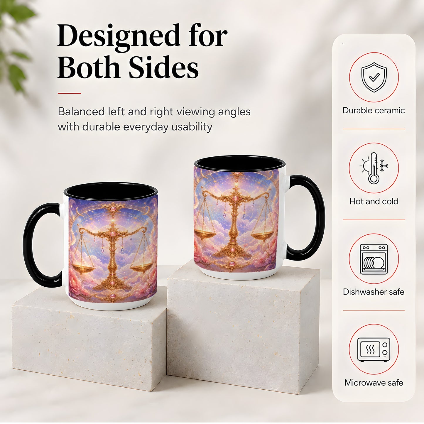 #pl[15oz|Black] Libra Zodiac Ceramic Mug, Celestial Floral Balance Scales