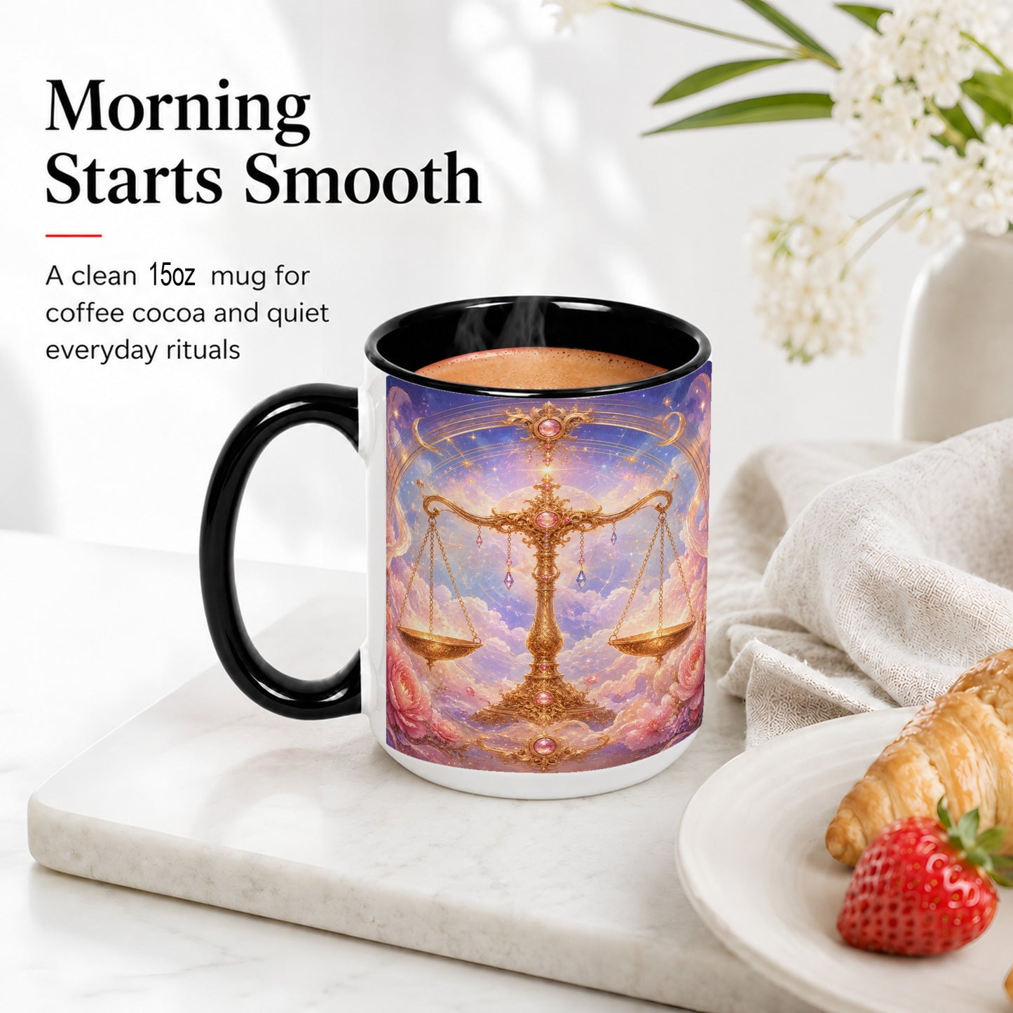 #pl[15oz|Black] Libra Zodiac Ceramic Mug, Celestial Floral Balance Scales