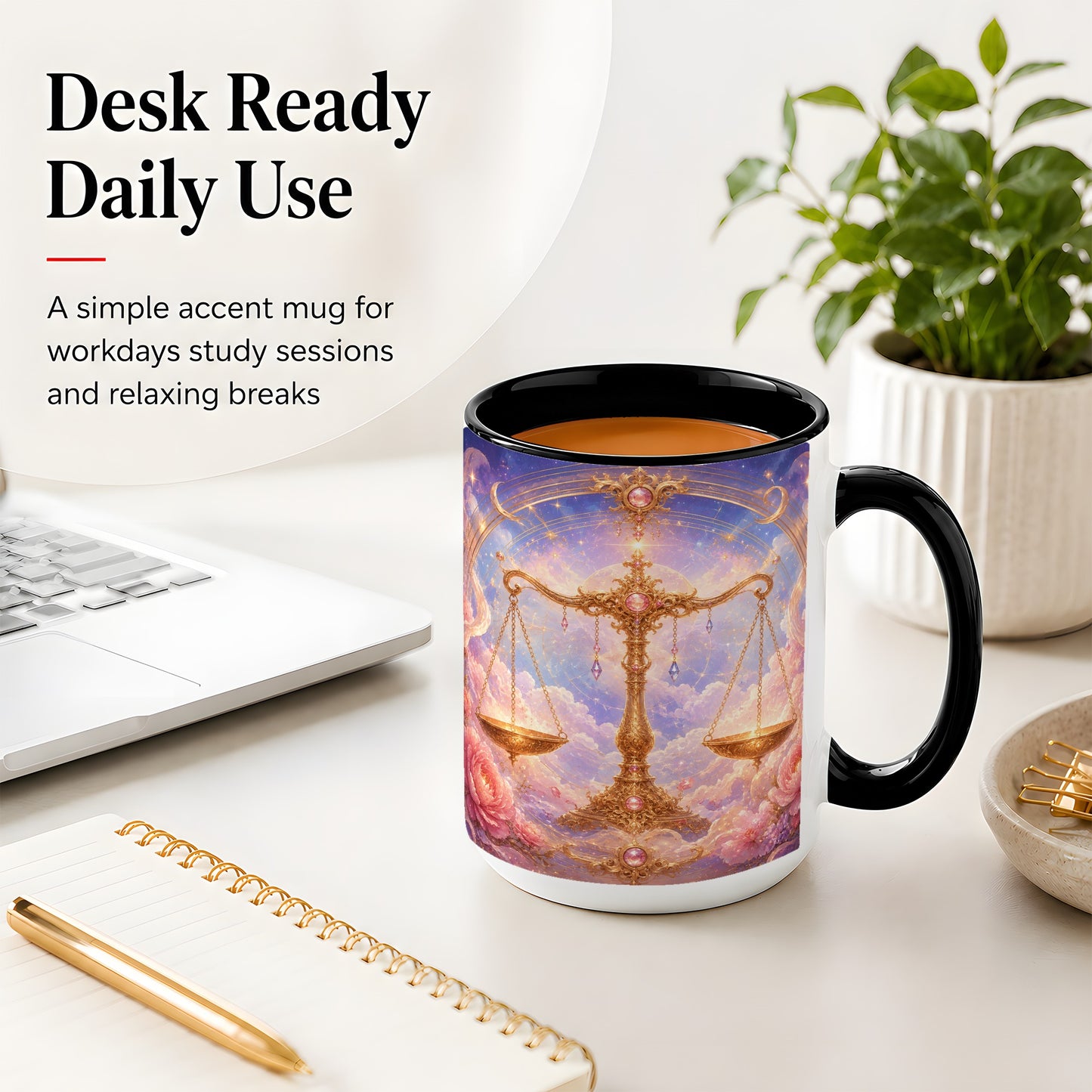 #pl[15oz|Black] Libra Zodiac Ceramic Mug, Celestial Floral Balance Scales