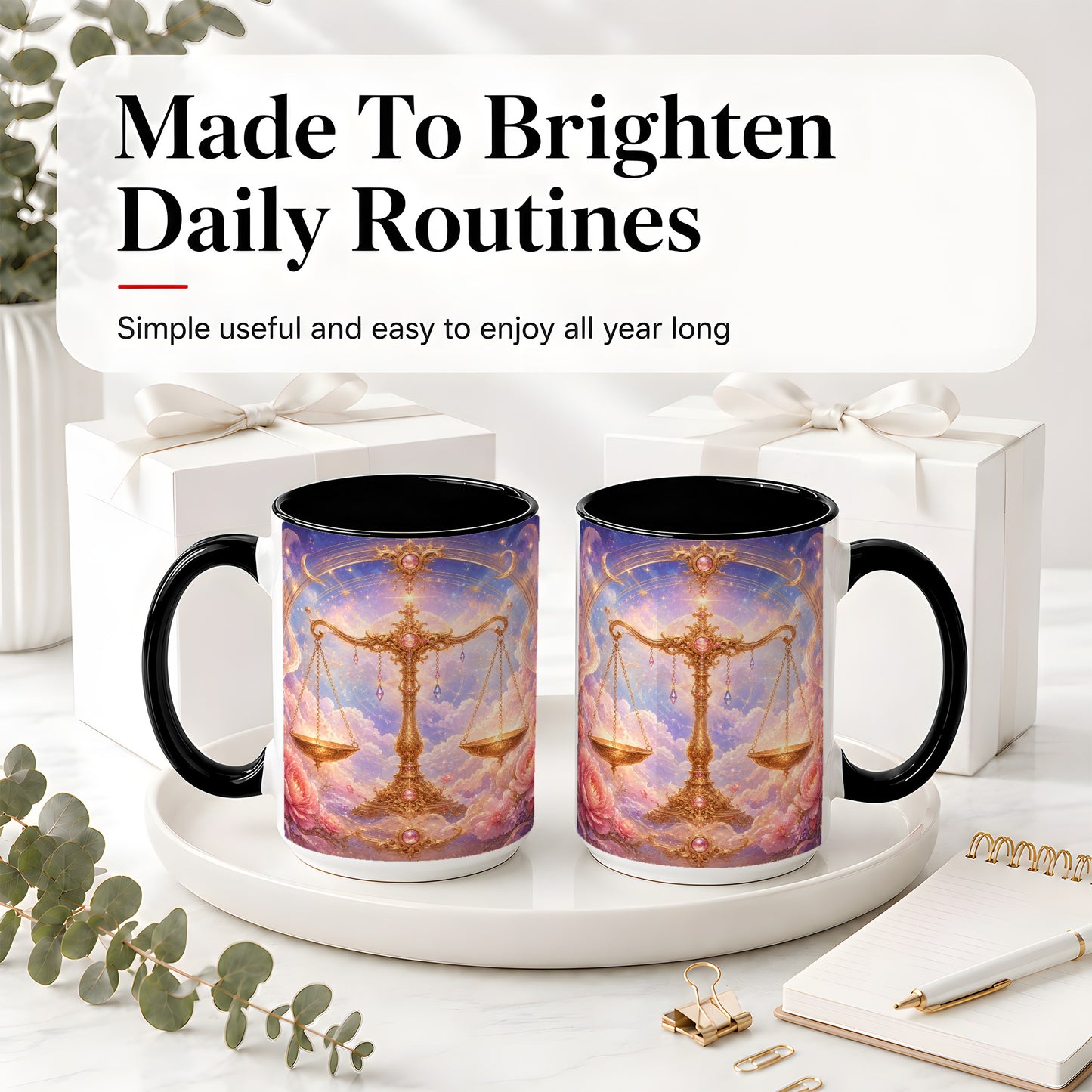 #pl[15oz|Black] Libra Zodiac Ceramic Mug, Celestial Floral Balance Scales