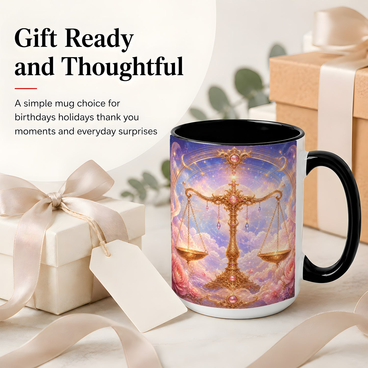 #pl[15oz|Black] Libra Zodiac Ceramic Mug, Celestial Floral Balance Scales