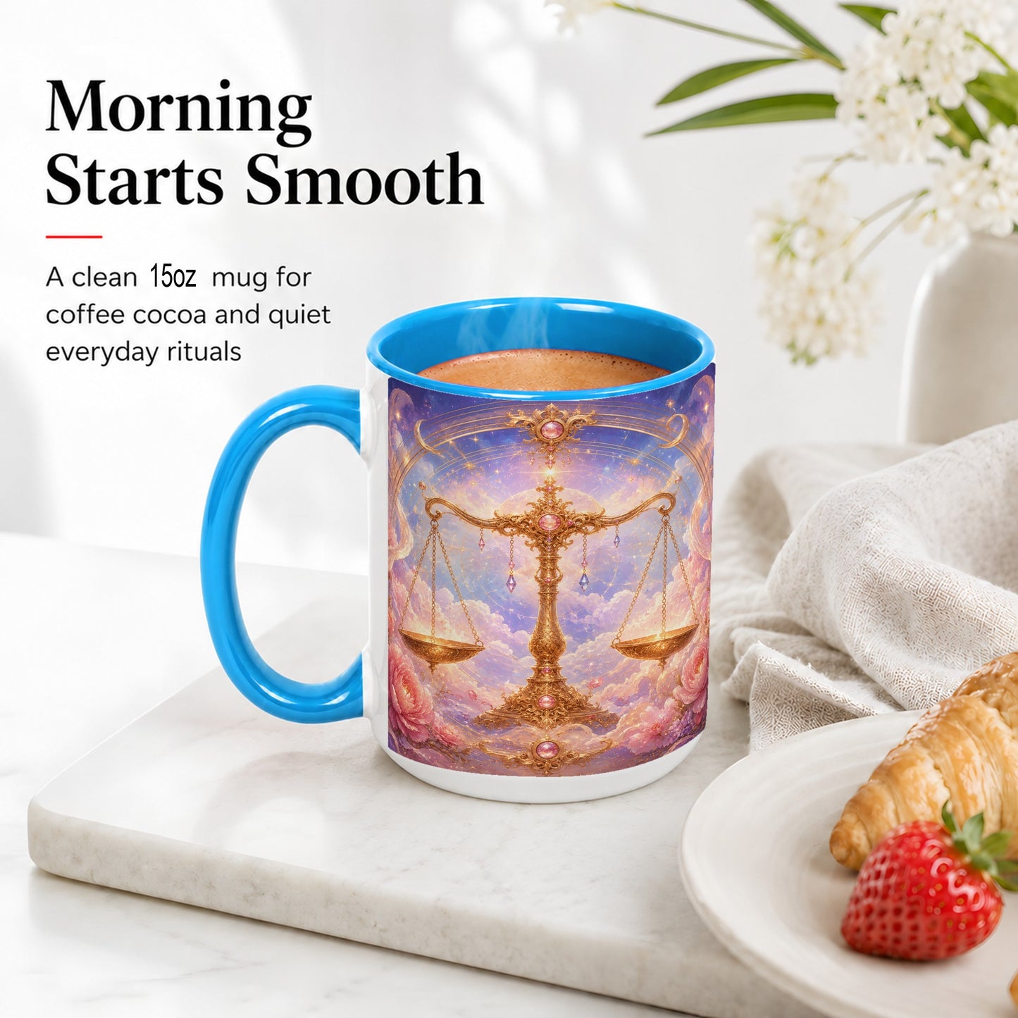 #pl[15oz|Blue] Libra Zodiac Ceramic Mug, Celestial Floral Balance Scales