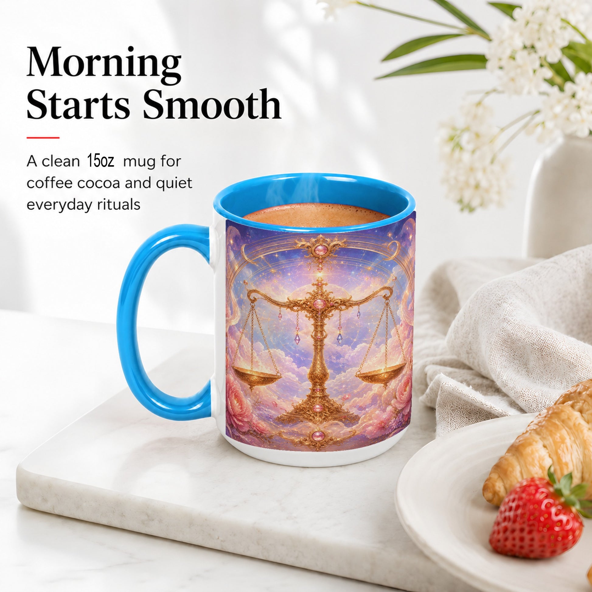 #pl[15oz|Blue] Libra Zodiac Ceramic Mug, Celestial Floral Balance Scales