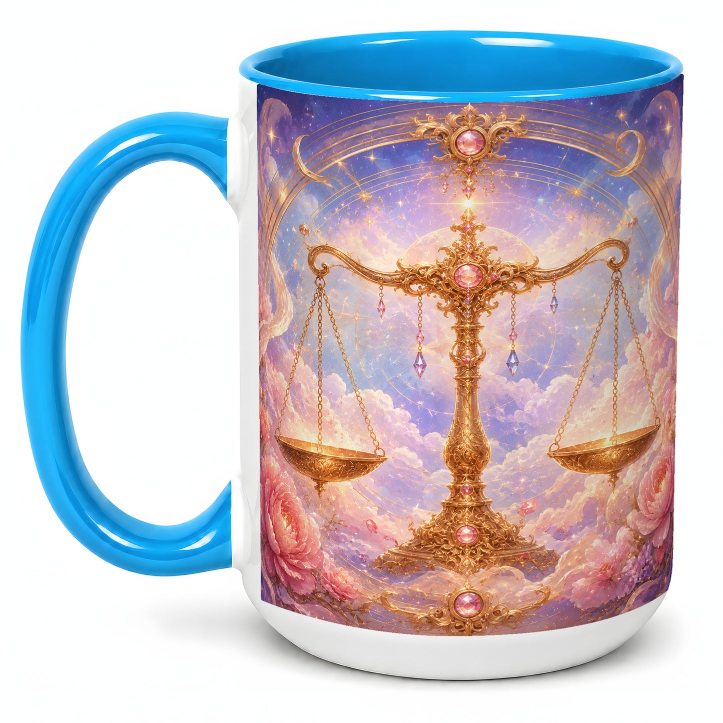 #pl[15oz|Blue] Libra Zodiac Ceramic Mug, Celestial Floral Balance Scales