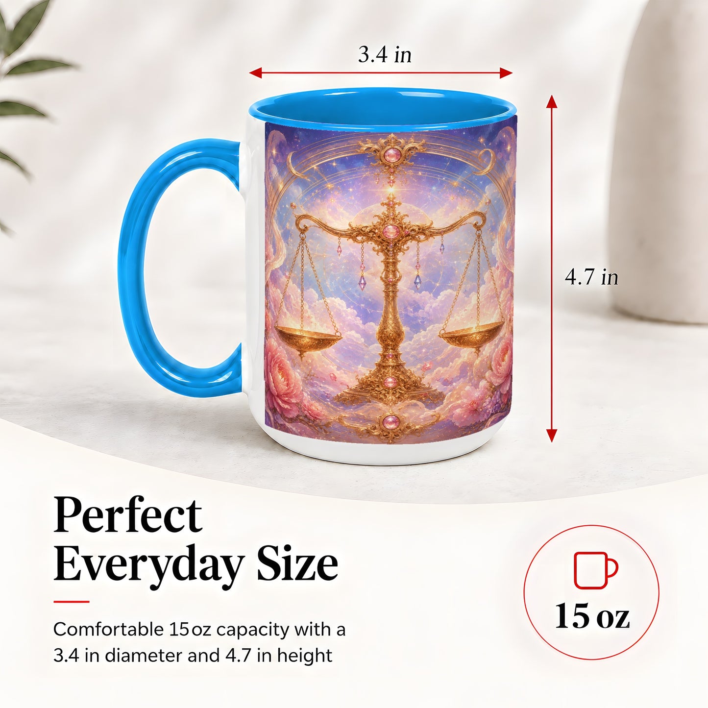 #pl[15oz|Blue] Libra Zodiac Ceramic Mug, Celestial Floral Balance Scales