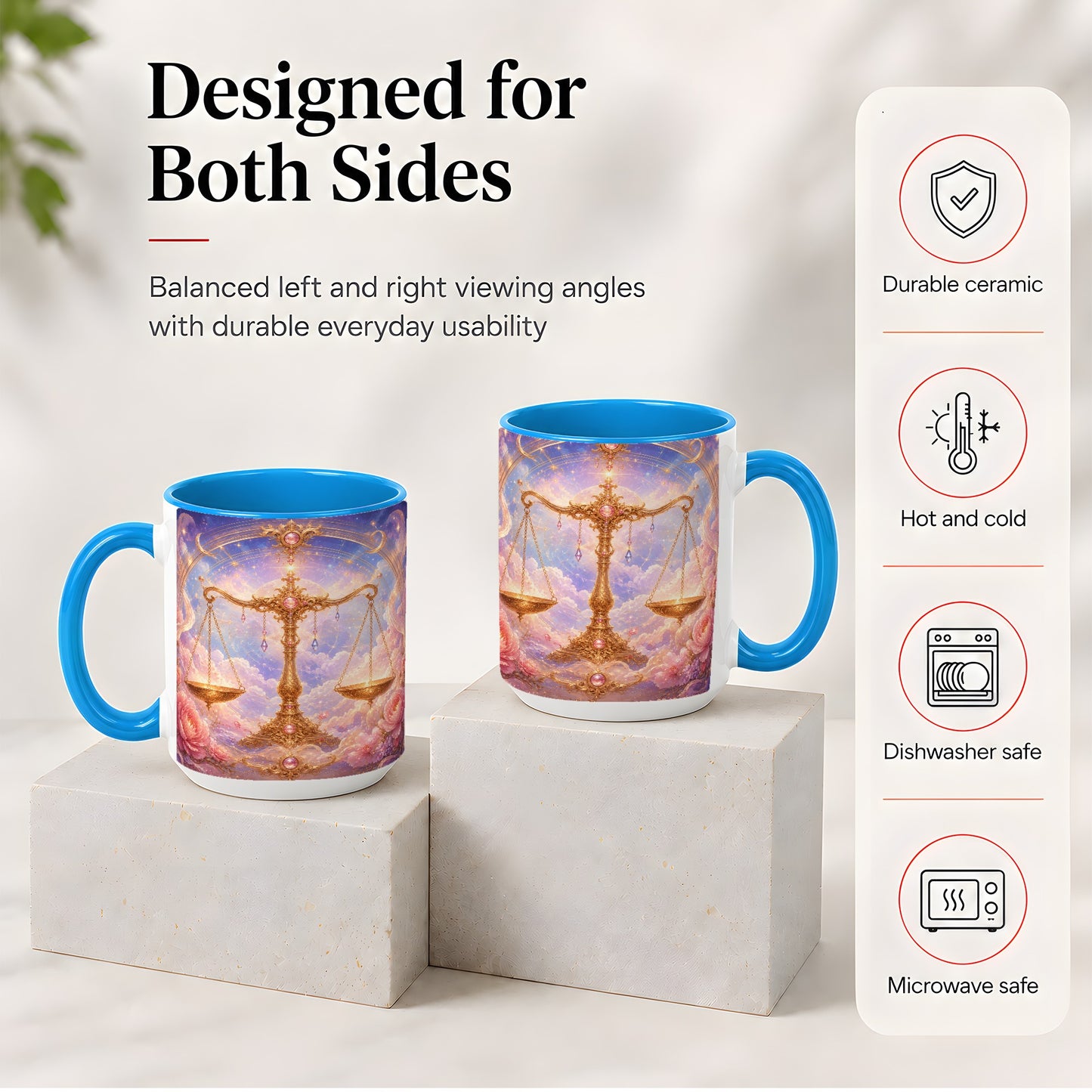 #pl[15oz|Blue] Libra Zodiac Ceramic Mug, Celestial Floral Balance Scales