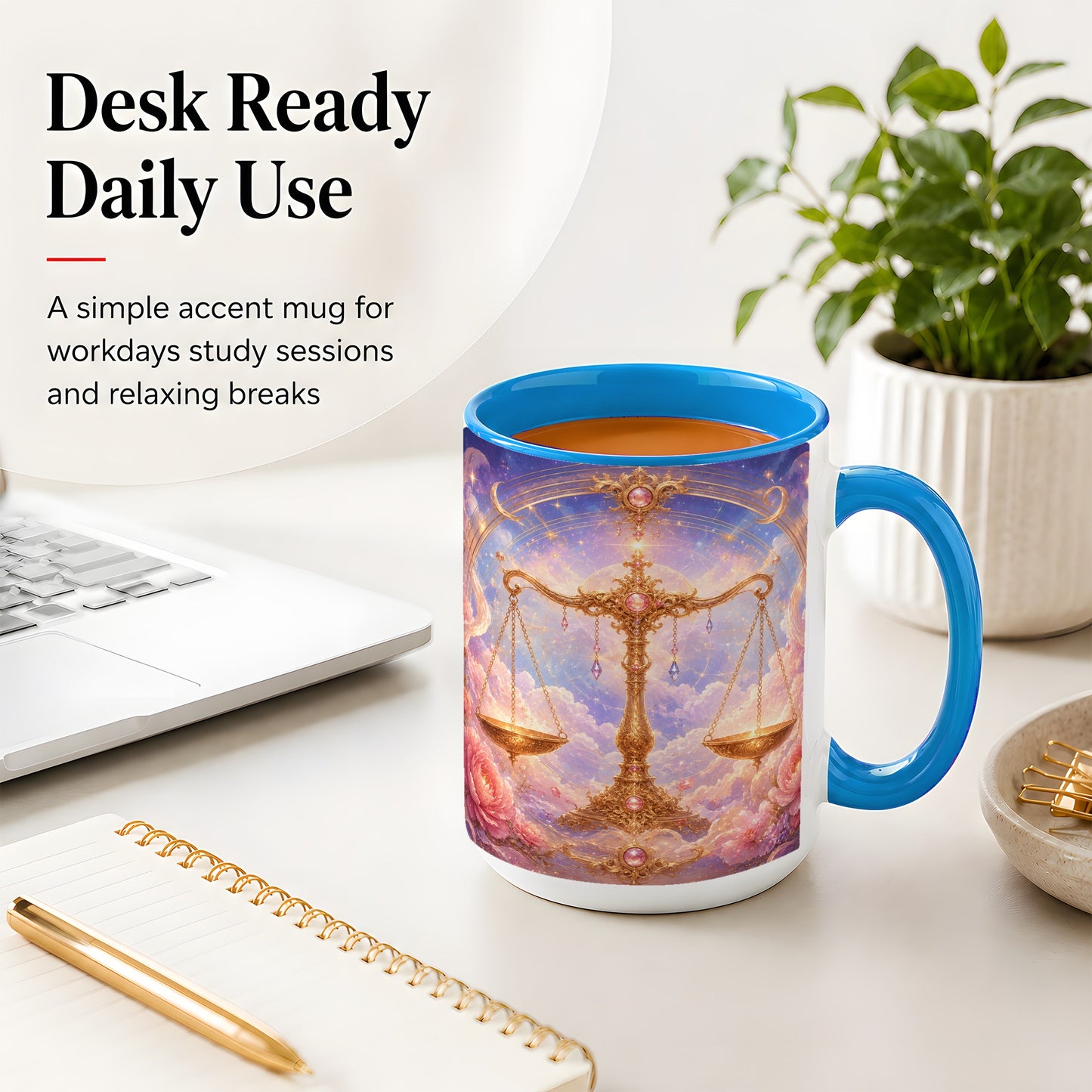 #pl[15oz|Blue] Libra Zodiac Ceramic Mug, Celestial Floral Balance Scales