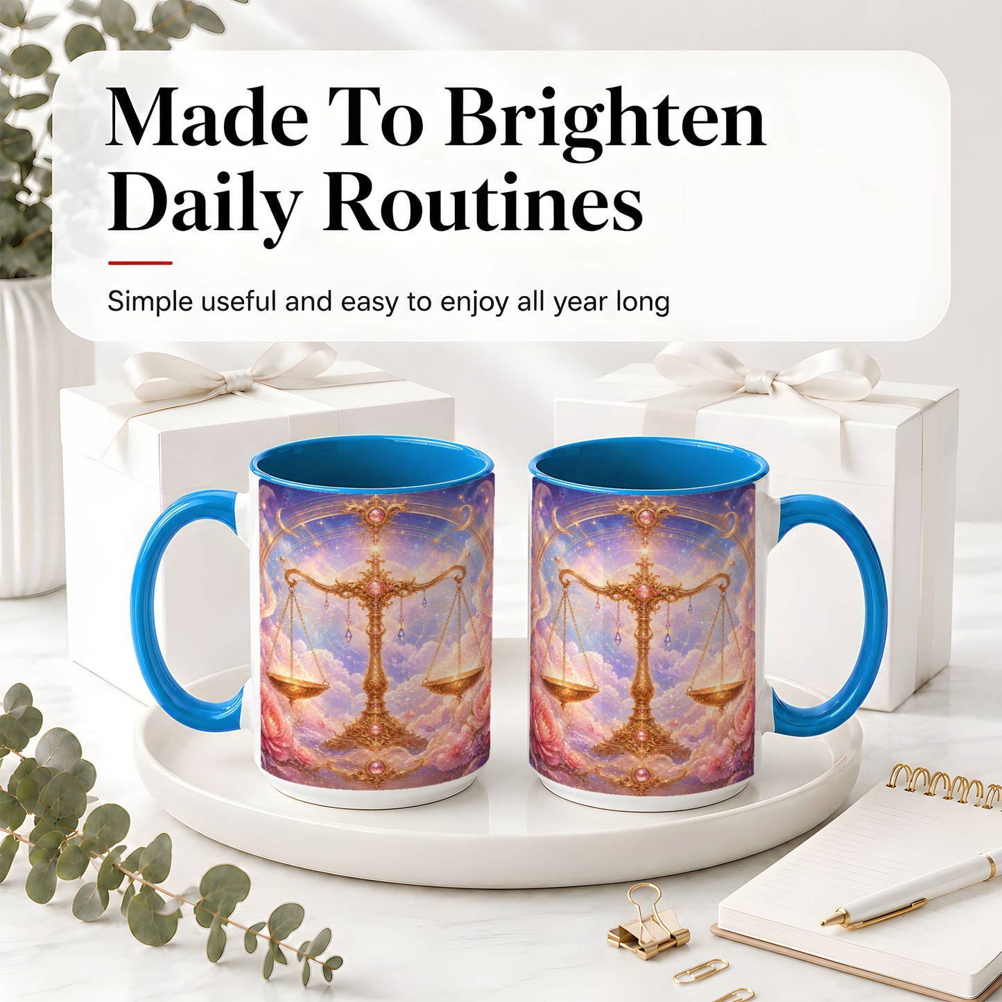 #pl[15oz|Blue] Libra Zodiac Ceramic Mug, Celestial Floral Balance Scales
