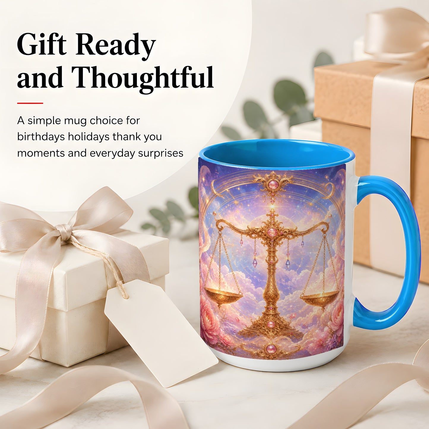 #pl[15oz|Blue] Libra Zodiac Ceramic Mug, Celestial Floral Balance Scales