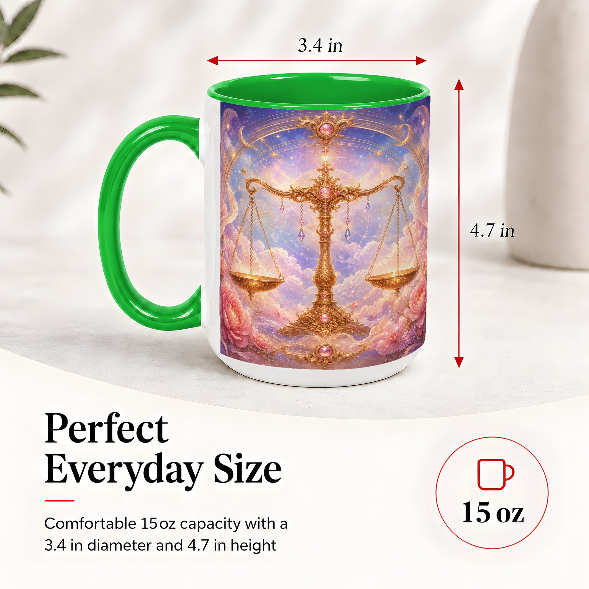 #pl[15oz|Green] Libra Zodiac Ceramic Mug, Celestial Floral Balance Scales