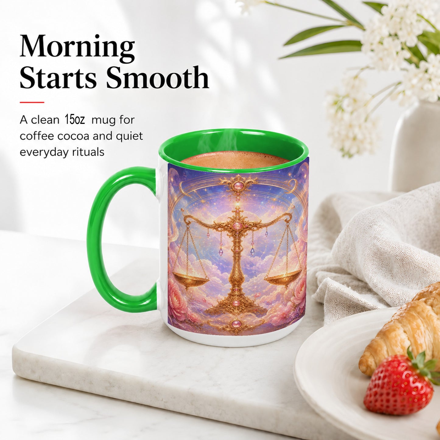 #pl[15oz|Green] Libra Zodiac Ceramic Mug, Celestial Floral Balance Scales