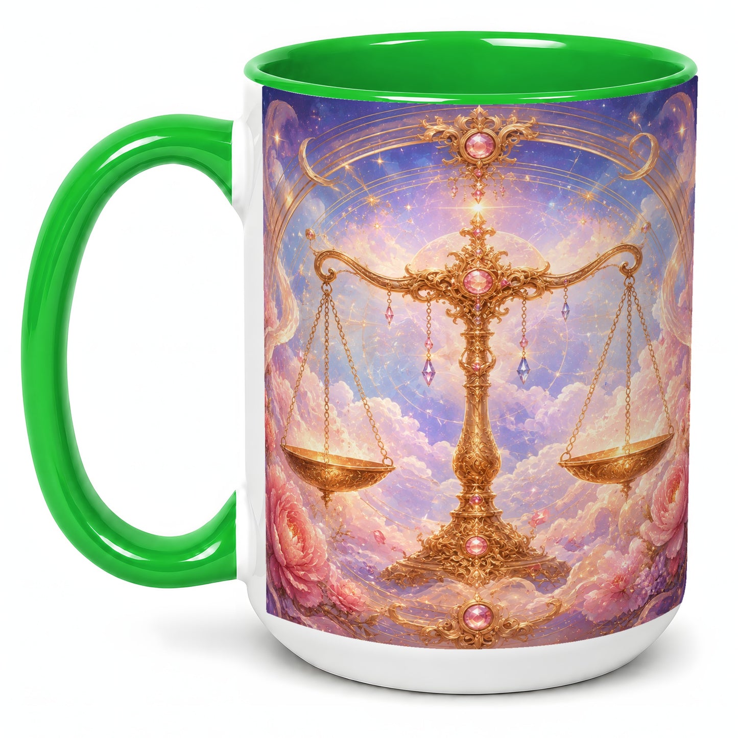 #pl[15oz|Green] Libra Zodiac Ceramic Mug, Celestial Floral Balance Scales