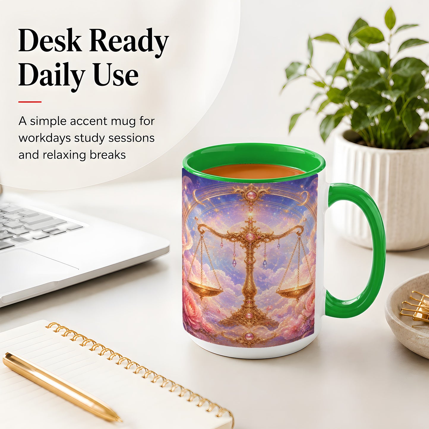 #pl[15oz|Green] Libra Zodiac Ceramic Mug, Celestial Floral Balance Scales