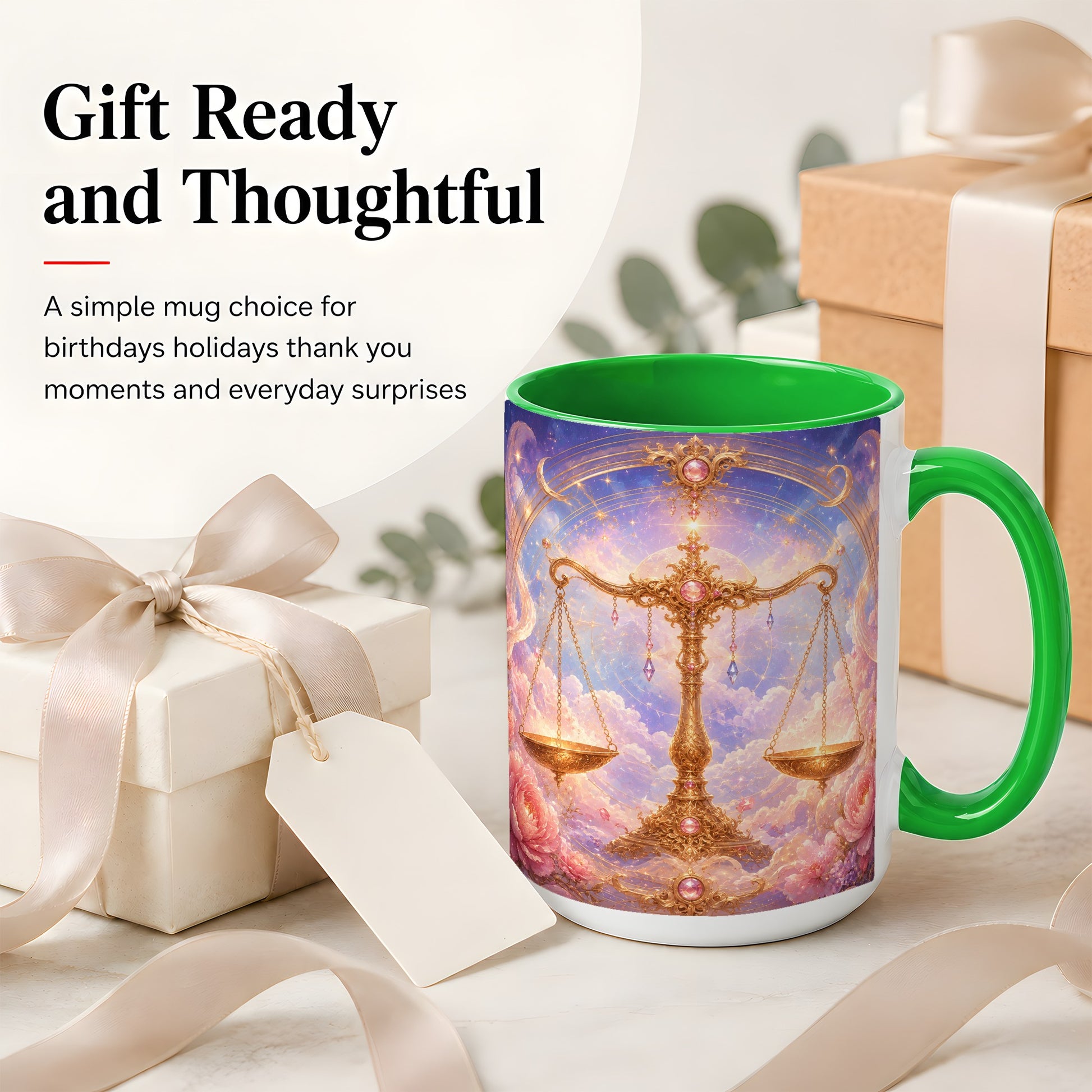 #pl[15oz|Green] Libra Zodiac Ceramic Mug, Celestial Floral Balance Scales
