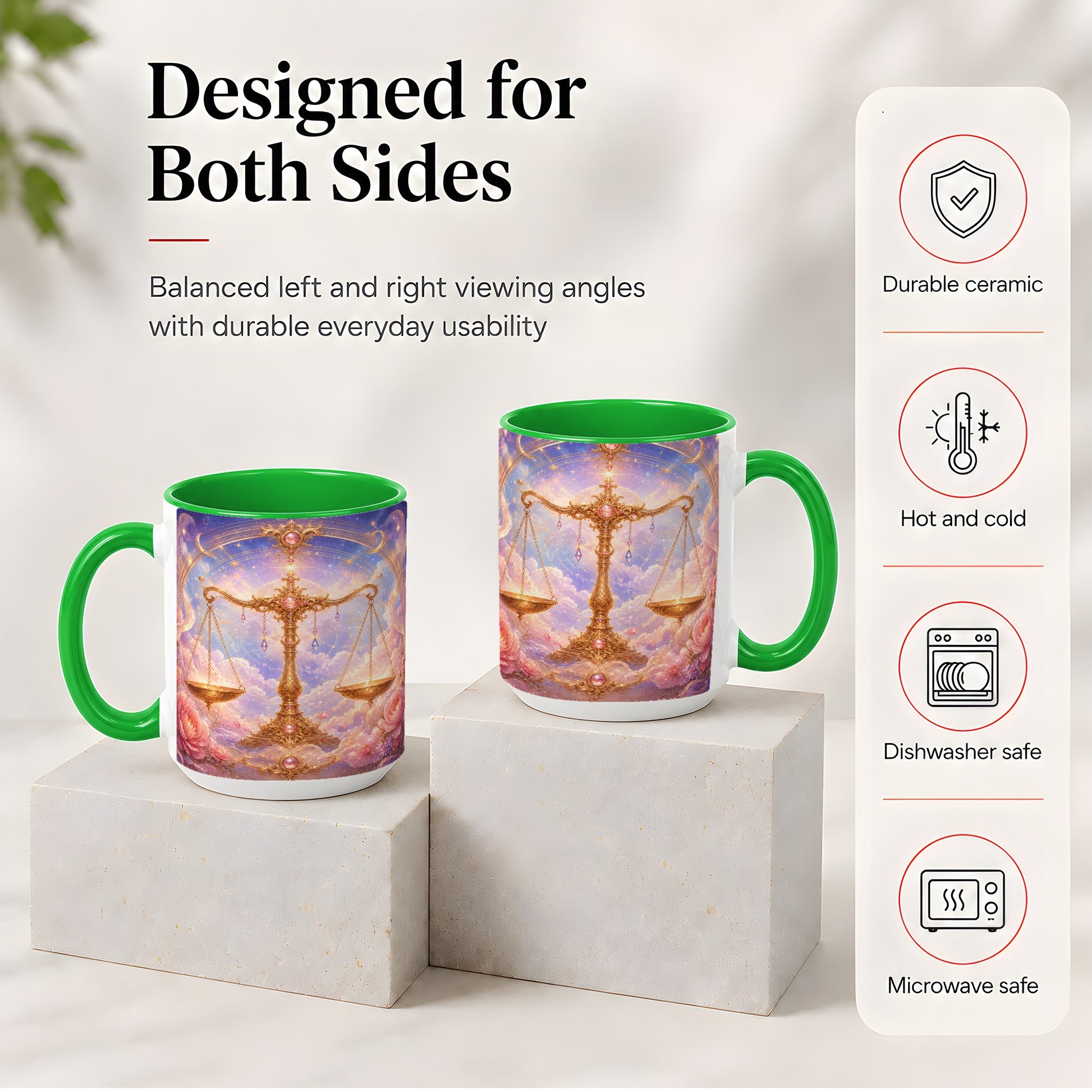 #pl[15oz|Green] Libra Zodiac Ceramic Mug, Celestial Floral Balance Scales