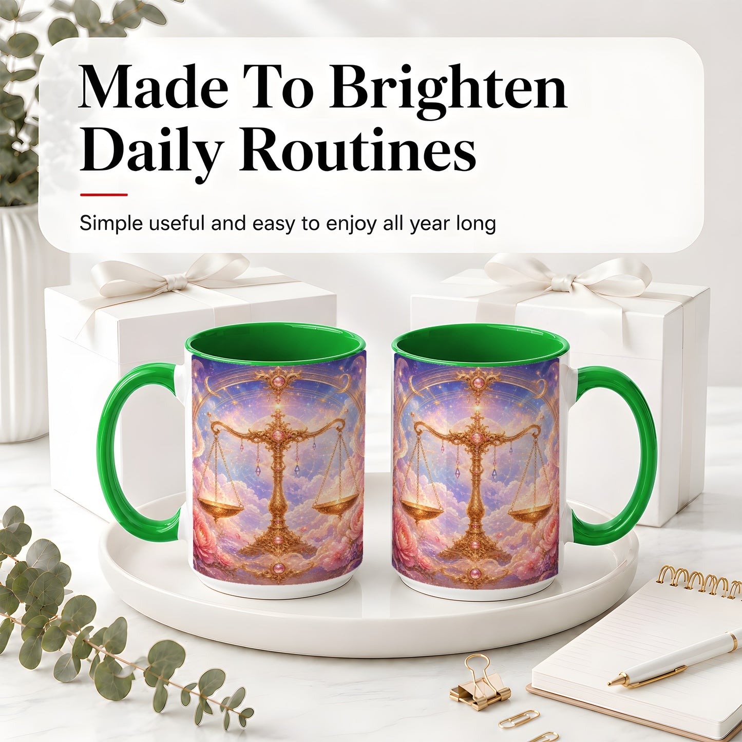 #pl[15oz|Green] Libra Zodiac Ceramic Mug, Celestial Floral Balance Scales