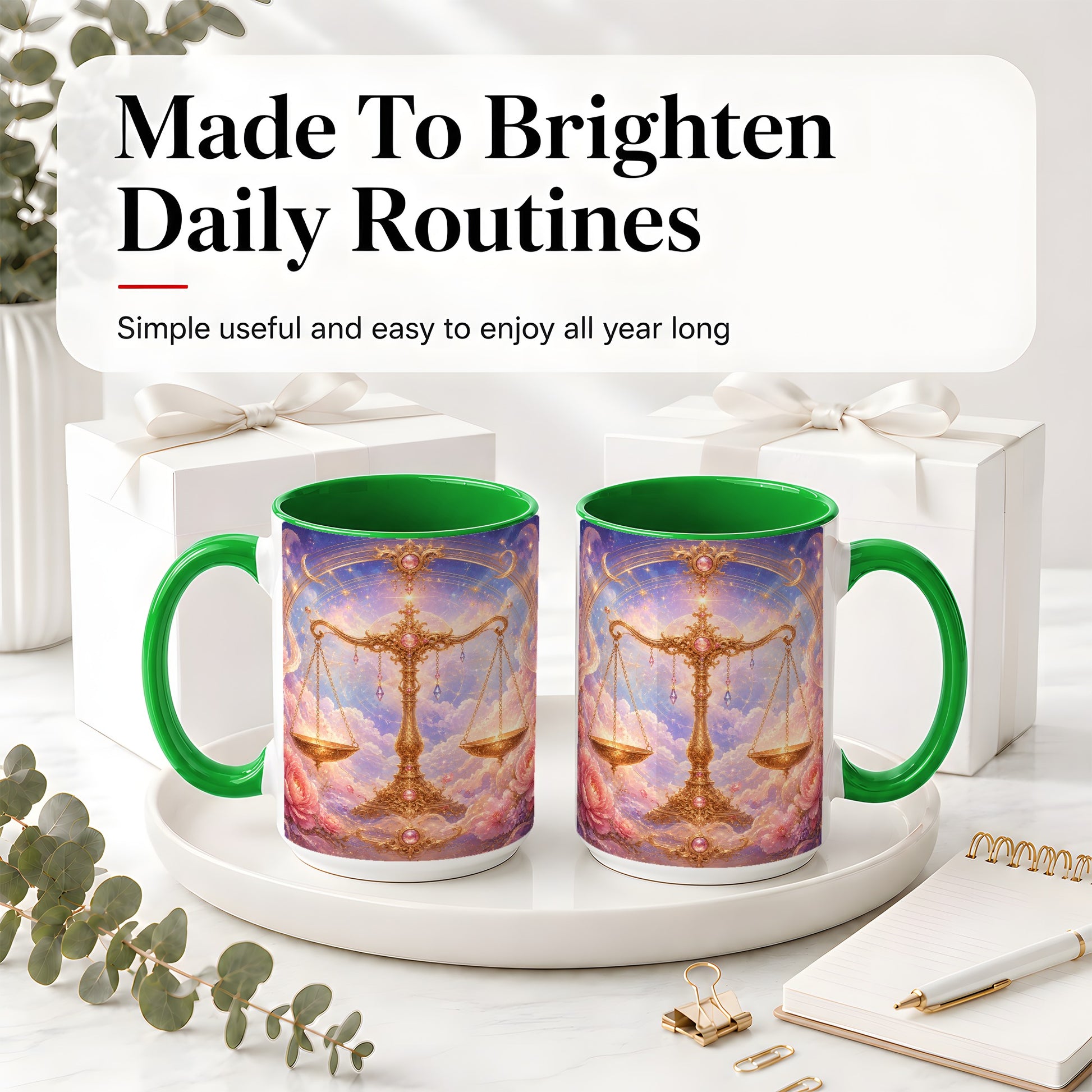 #pl[15oz|Green] Libra Zodiac Ceramic Mug, Celestial Floral Balance Scales