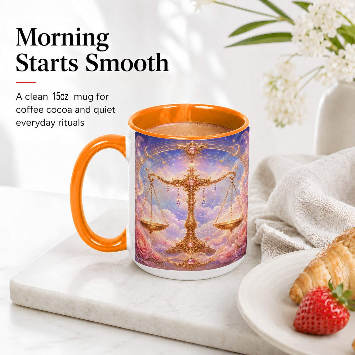 #pl[15oz|Orange] Libra Zodiac Ceramic Mug, Celestial Floral Balance Scales