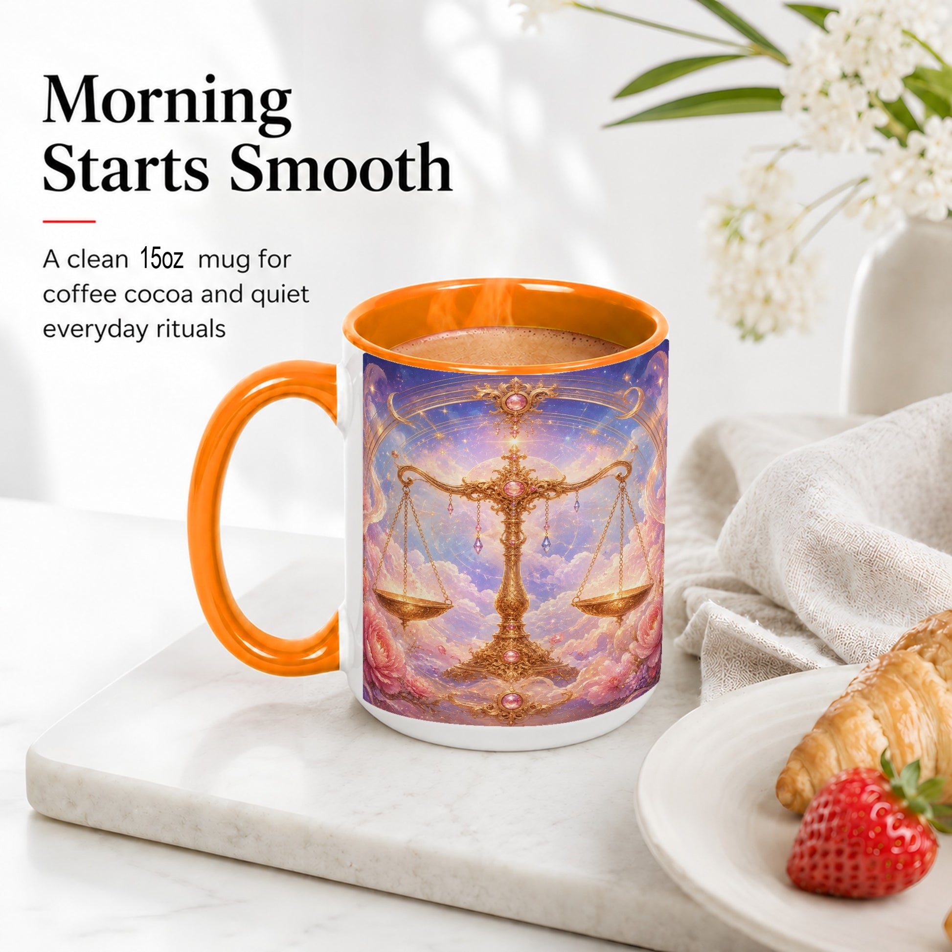 #pl[15oz|Orange] Libra Zodiac Ceramic Mug, Celestial Floral Balance Scales