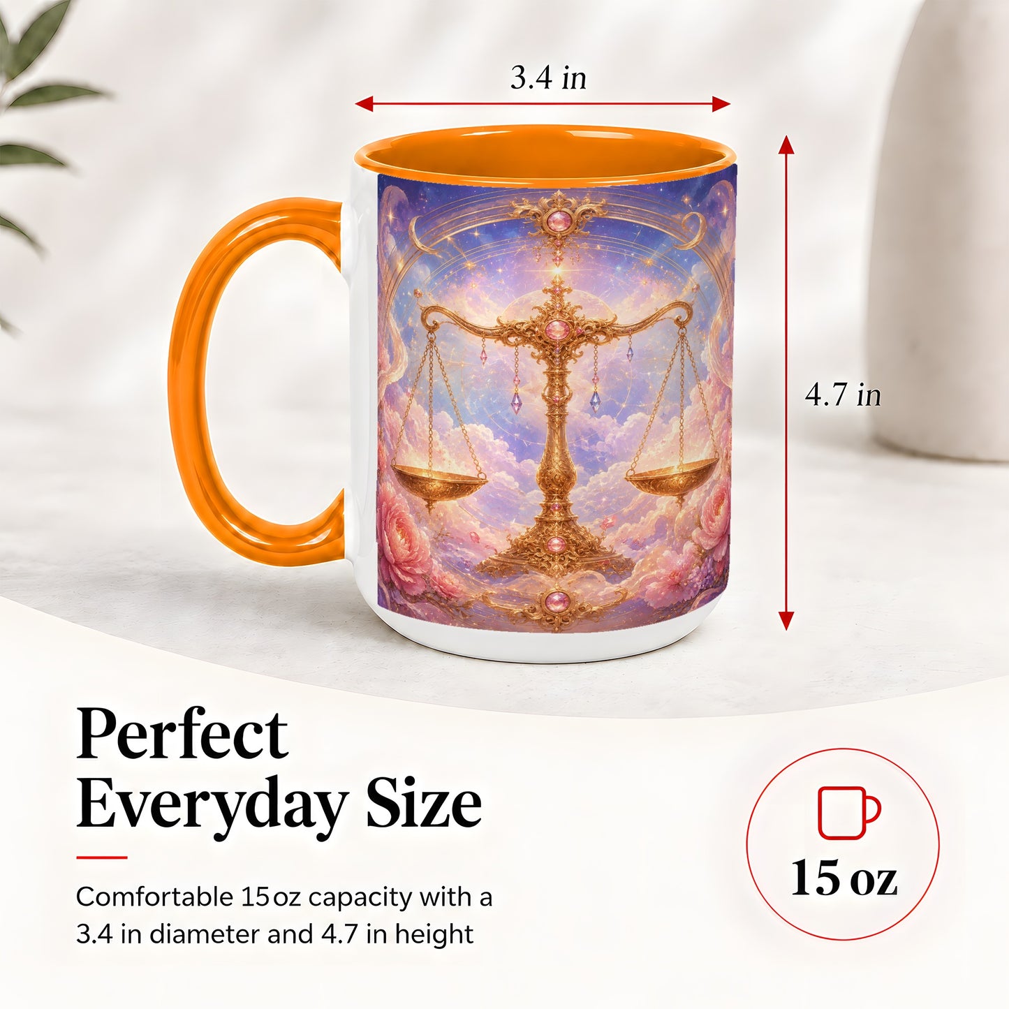 #pl[15oz|Orange] Libra Zodiac Ceramic Mug, Celestial Floral Balance Scales