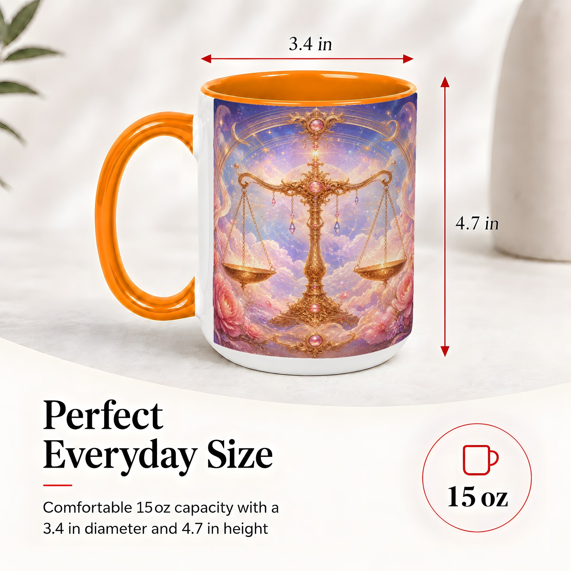 #pl[15oz|Orange] Libra Zodiac Ceramic Mug, Celestial Floral Balance Scales