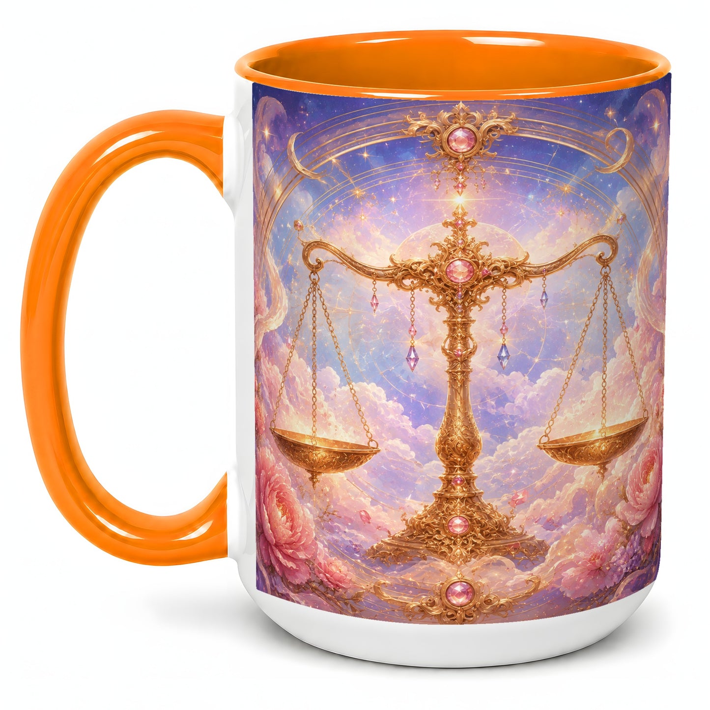 #pl[15oz|Orange] Libra Zodiac Ceramic Mug, Celestial Floral Balance Scales