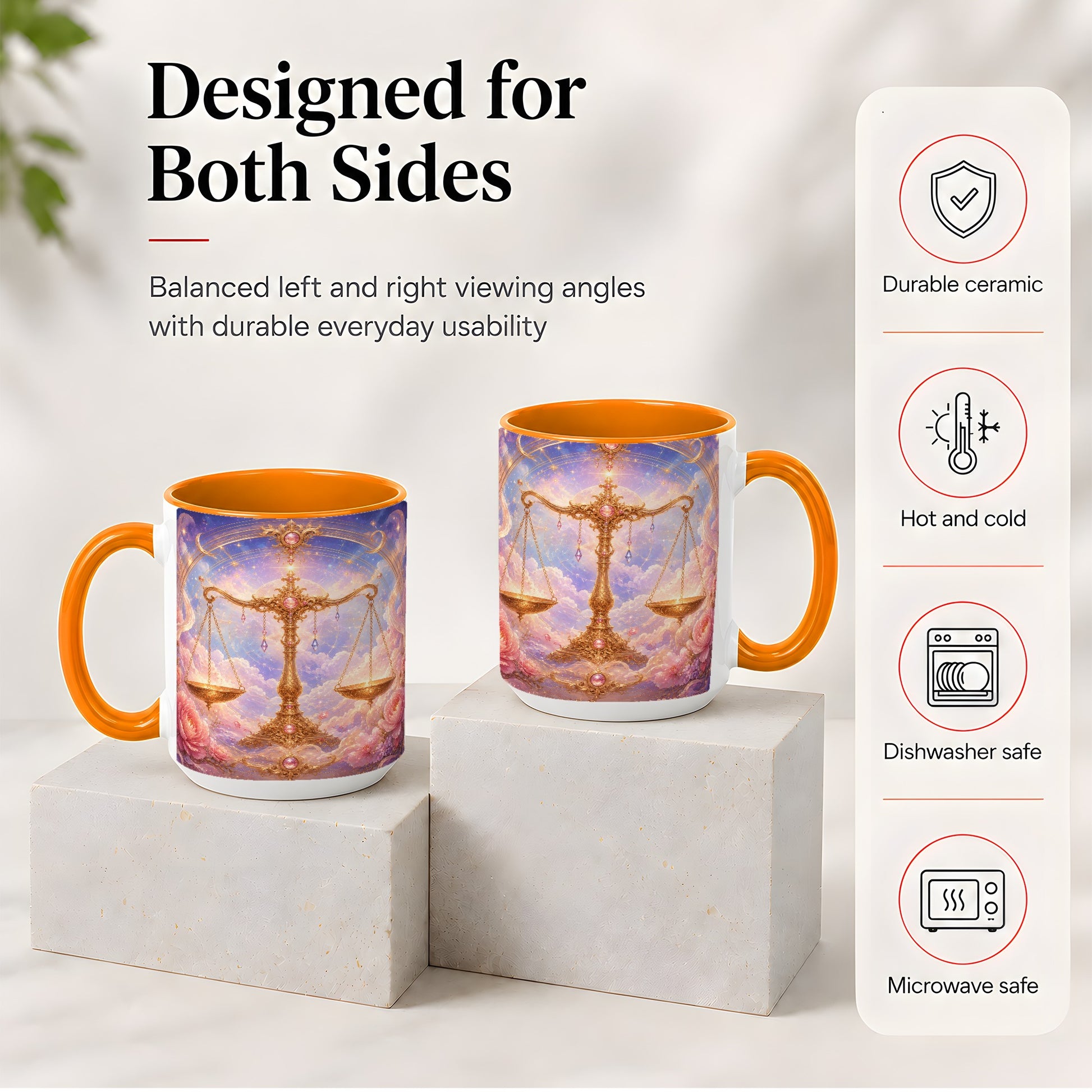 #pl[15oz|Orange] Libra Zodiac Ceramic Mug, Celestial Floral Balance Scales