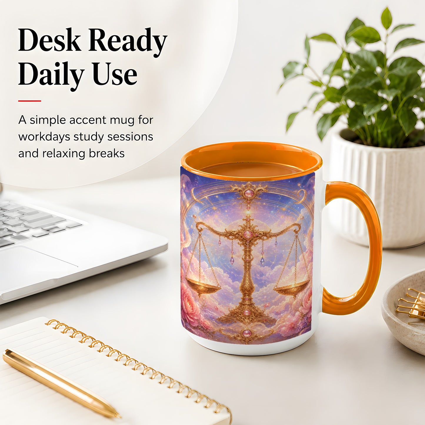 #pl[15oz|Orange] Libra Zodiac Ceramic Mug, Celestial Floral Balance Scales