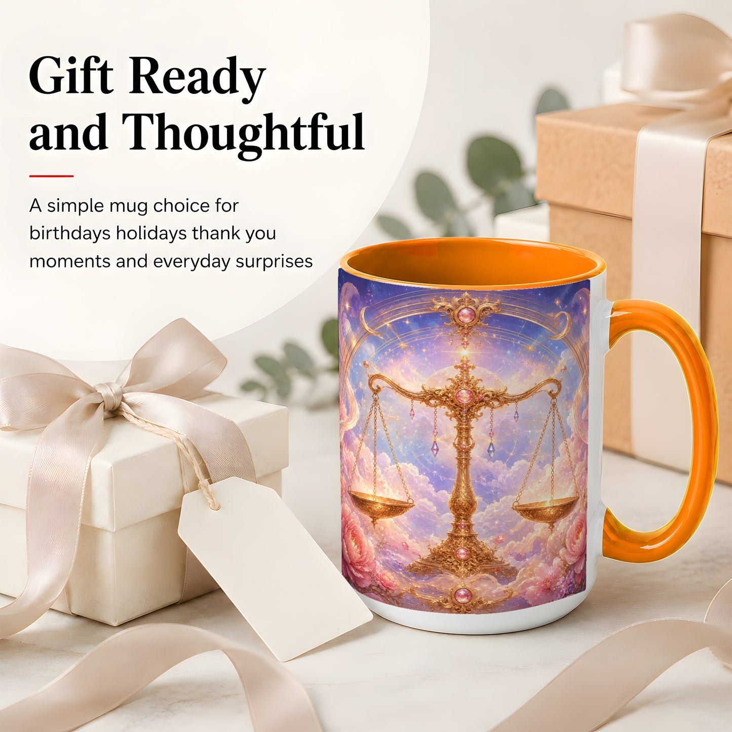 #pl[15oz|Orange] Libra Zodiac Ceramic Mug, Celestial Floral Balance Scales