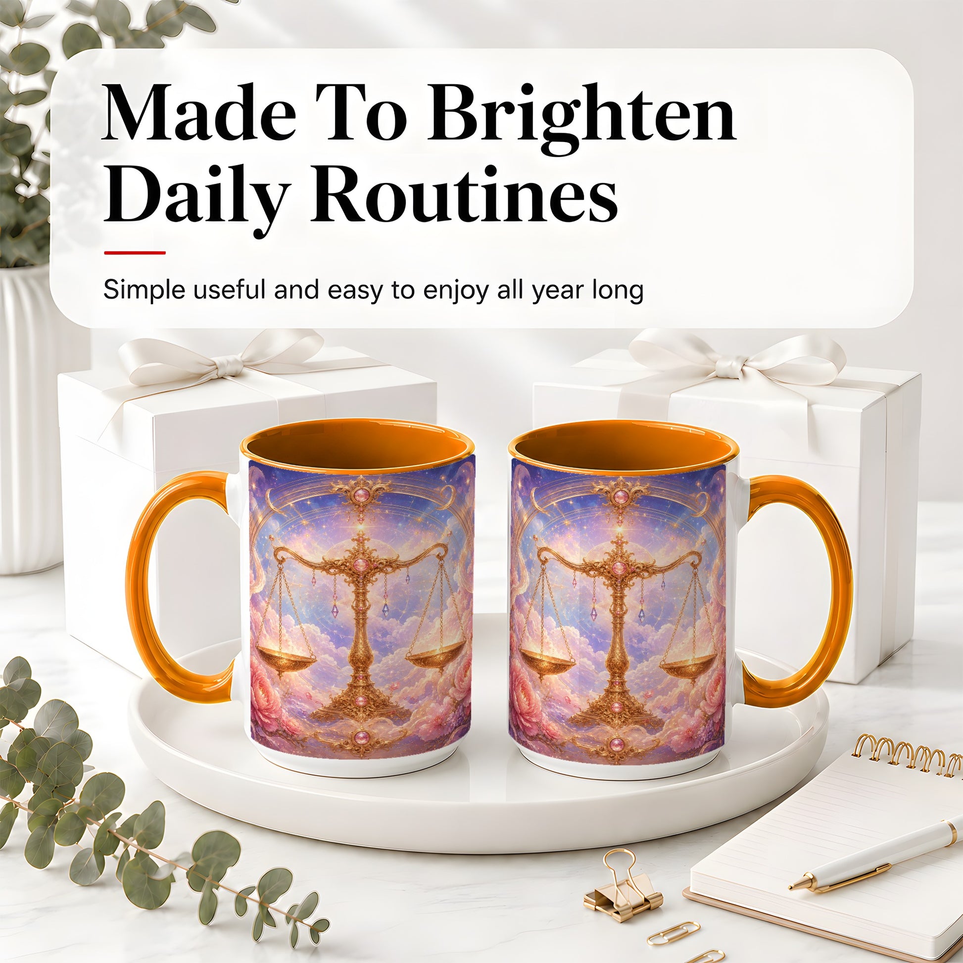 #pl[15oz|Orange] Libra Zodiac Ceramic Mug, Celestial Floral Balance Scales