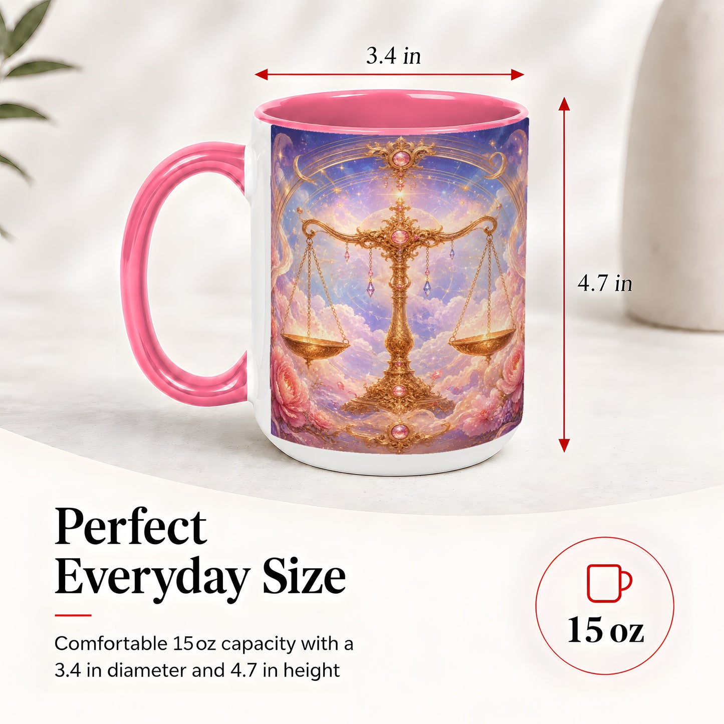 #pl[15oz|Pink] Libra Zodiac Ceramic Mug, Celestial Floral Balance Scales
