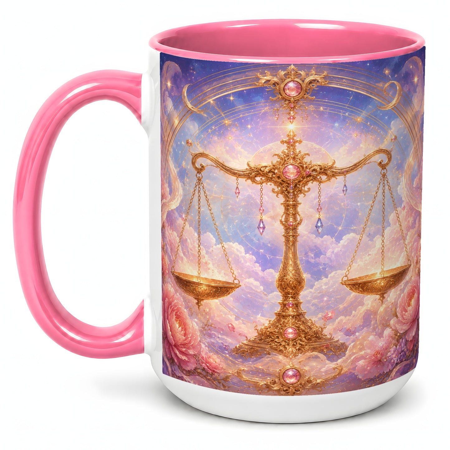 #pl[15oz|Pink] Libra Zodiac Ceramic Mug, Celestial Floral Balance Scales