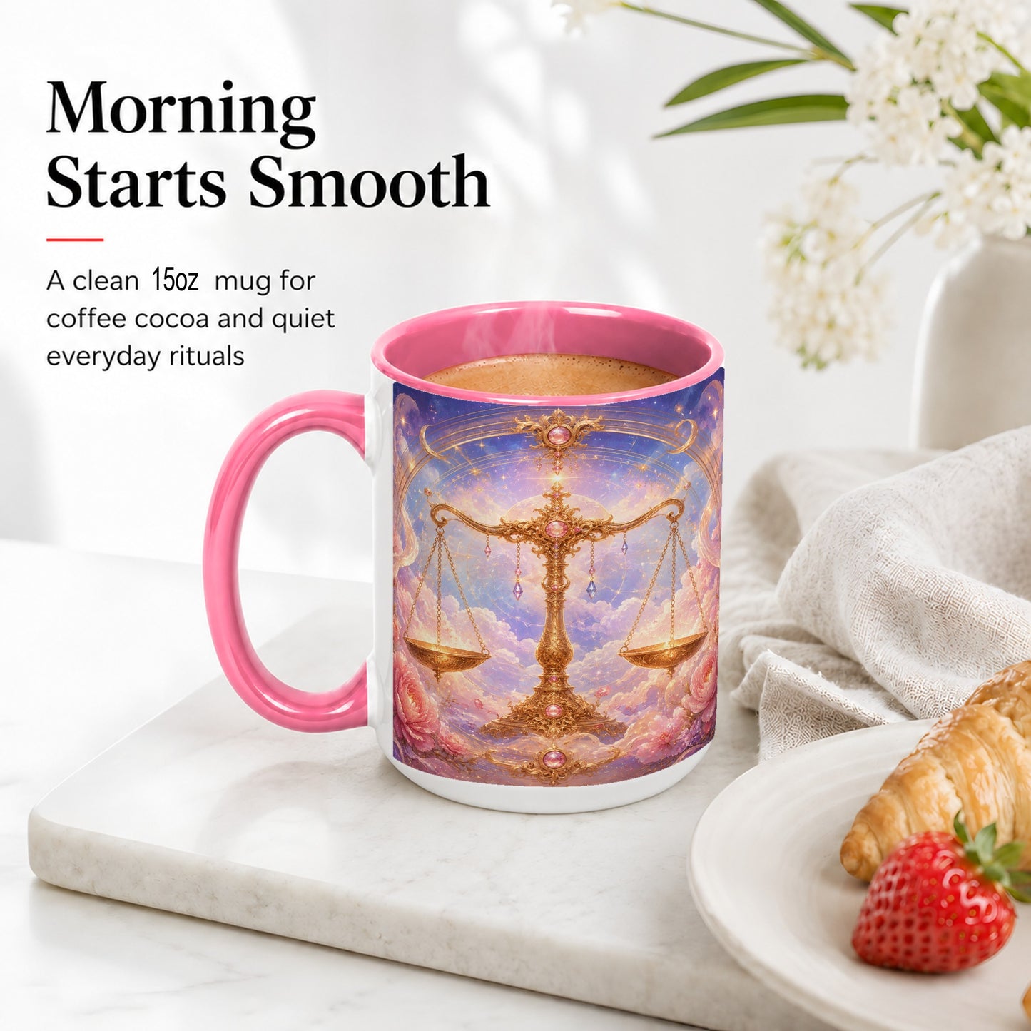 #pl[15oz|Pink] Libra Zodiac Ceramic Mug, Celestial Floral Balance Scales