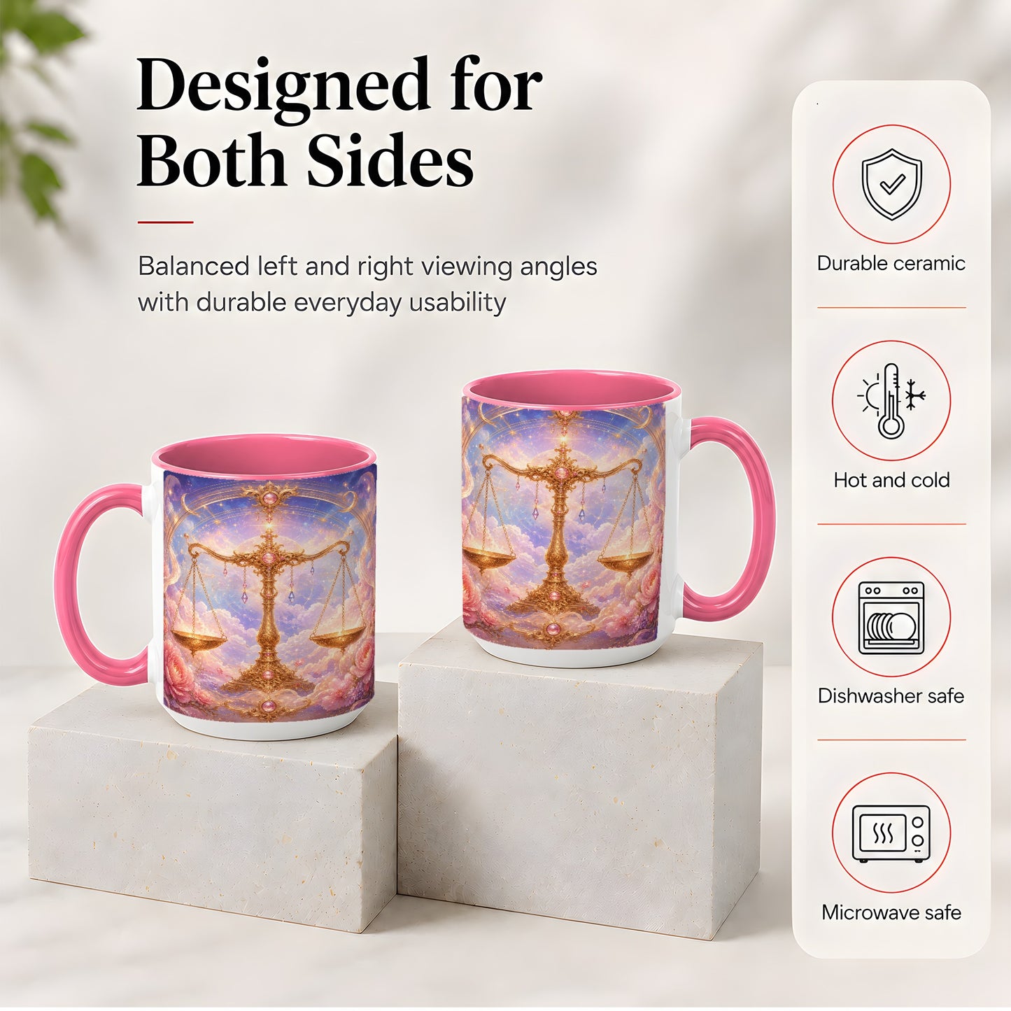 #pl[15oz|Pink] Libra Zodiac Ceramic Mug, Celestial Floral Balance Scales