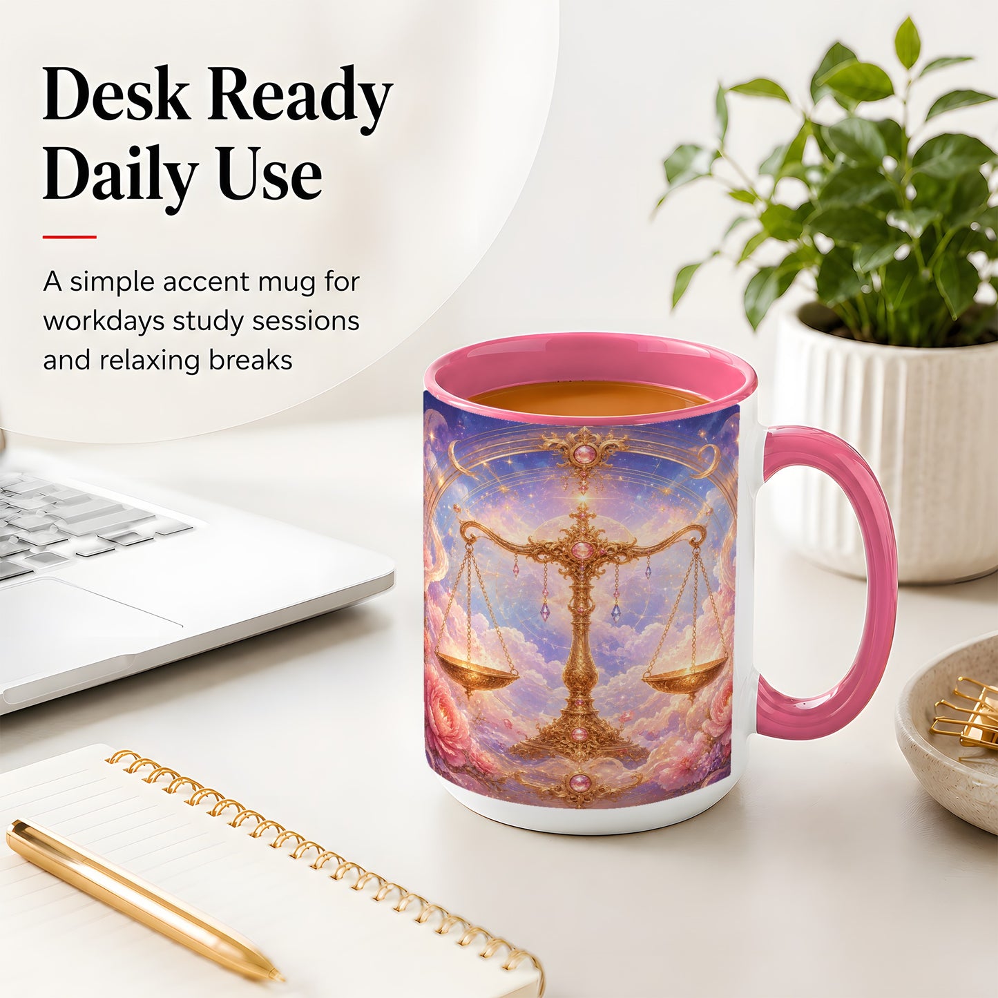 #pl[15oz|Pink] Libra Zodiac Ceramic Mug, Celestial Floral Balance Scales