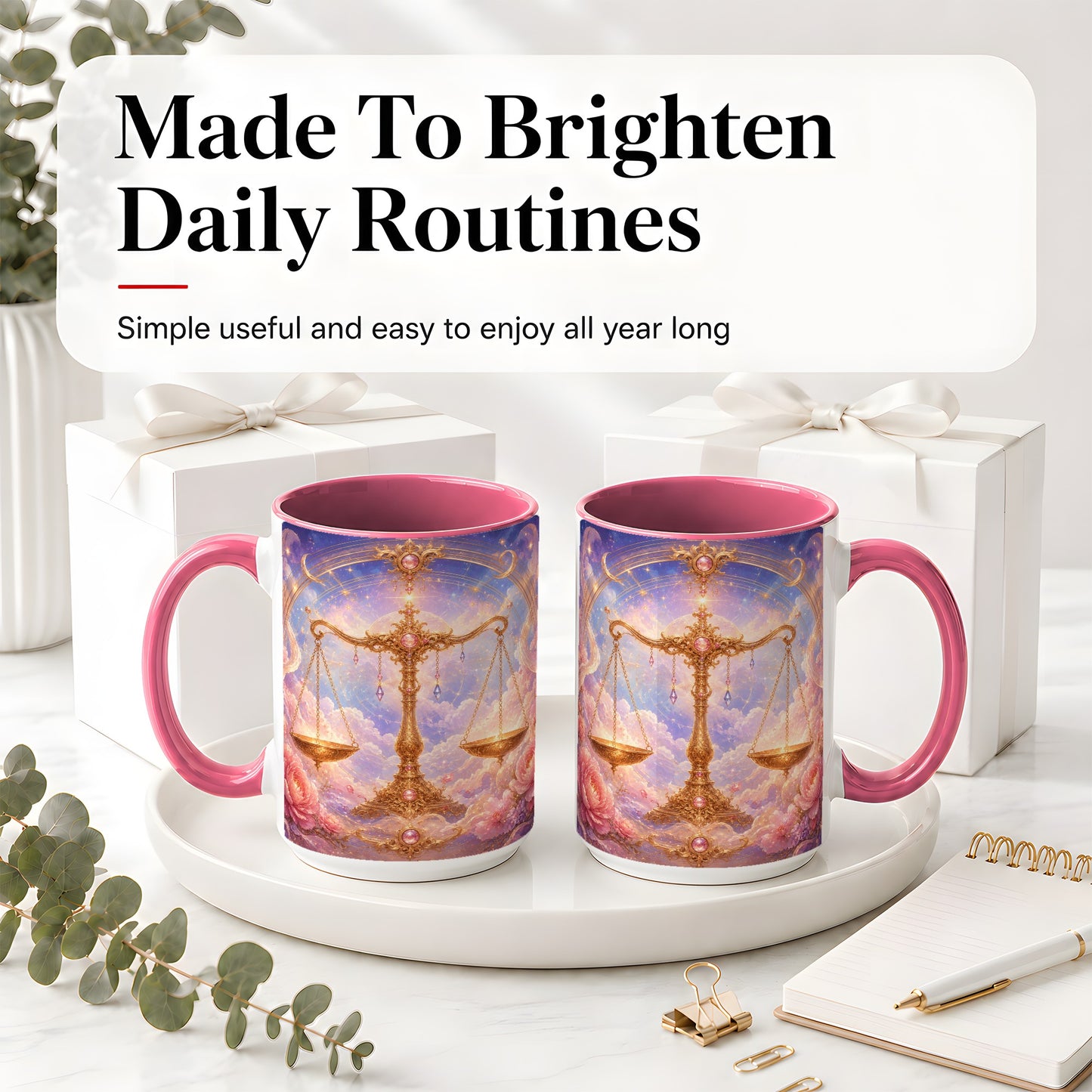 #pl[15oz|Pink] Libra Zodiac Ceramic Mug, Celestial Floral Balance Scales