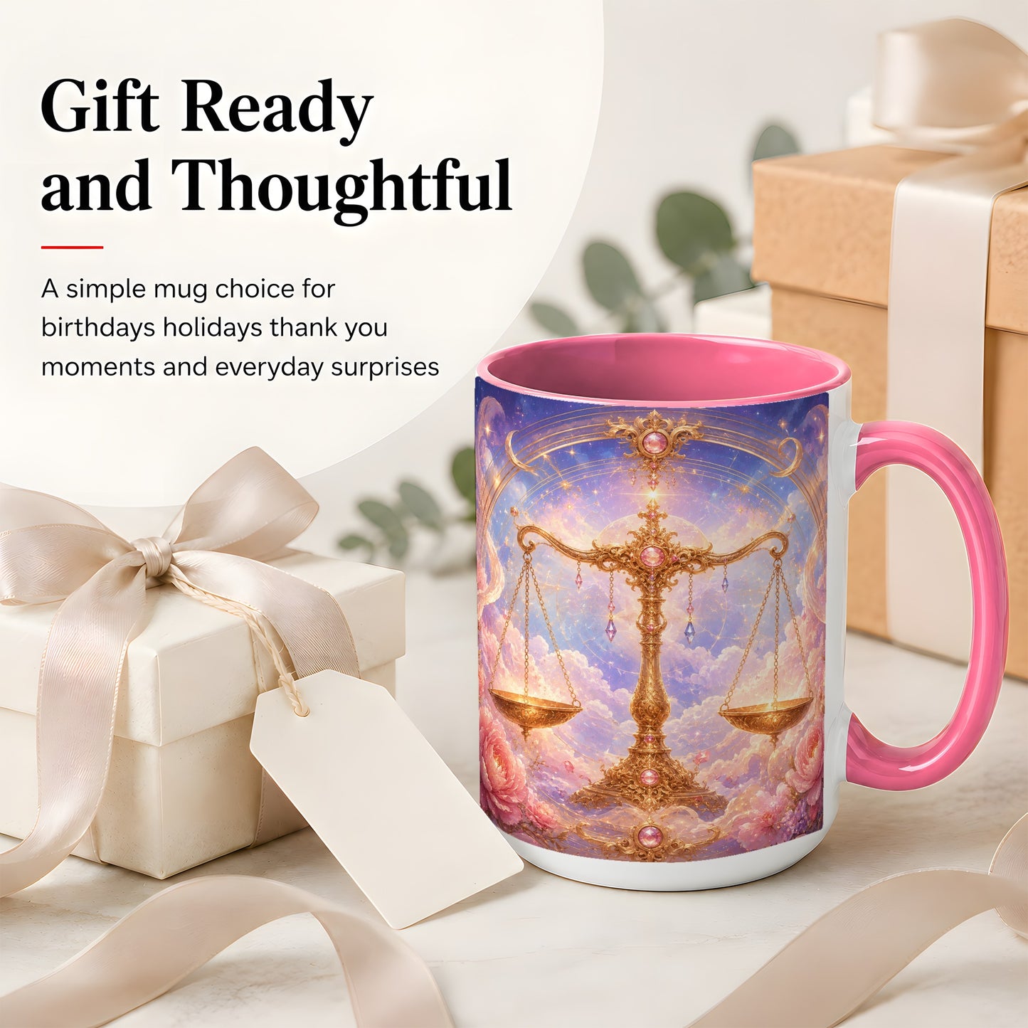 #pl[15oz|Pink] Libra Zodiac Ceramic Mug, Celestial Floral Balance Scales